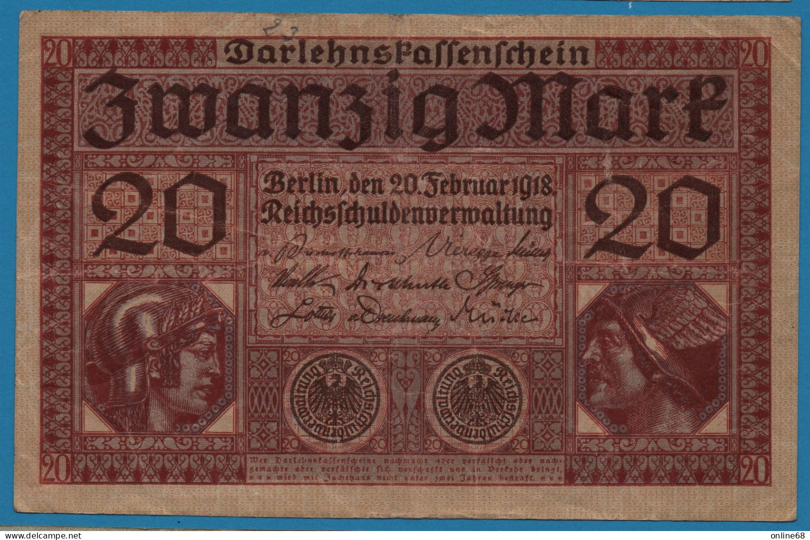 DEUTSCHES REICH 20 MARK 20.02.1918 # Q.0281411 P# 57 DARLEHENSKASSENSCHEIN - Imperial Debt Administration