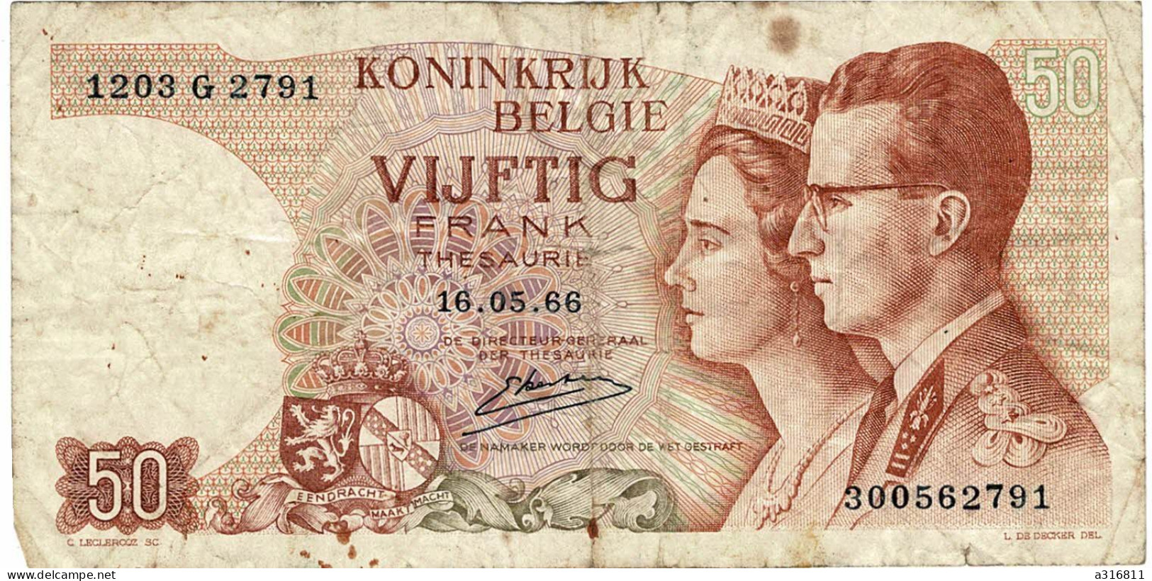 Billet De 50 Francs Belges - Royaume De Belgique - 16.05.1966 -Viftig Frank - Autres & Non Classés