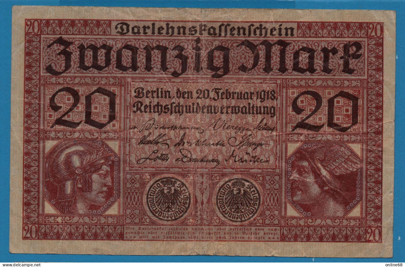 DEUTSCHES REICH 20 MARK 20.02.1918 # Q.5086713 P# 57 DARLEHENSKASSENSCHEIN - Imperial Debt Administration