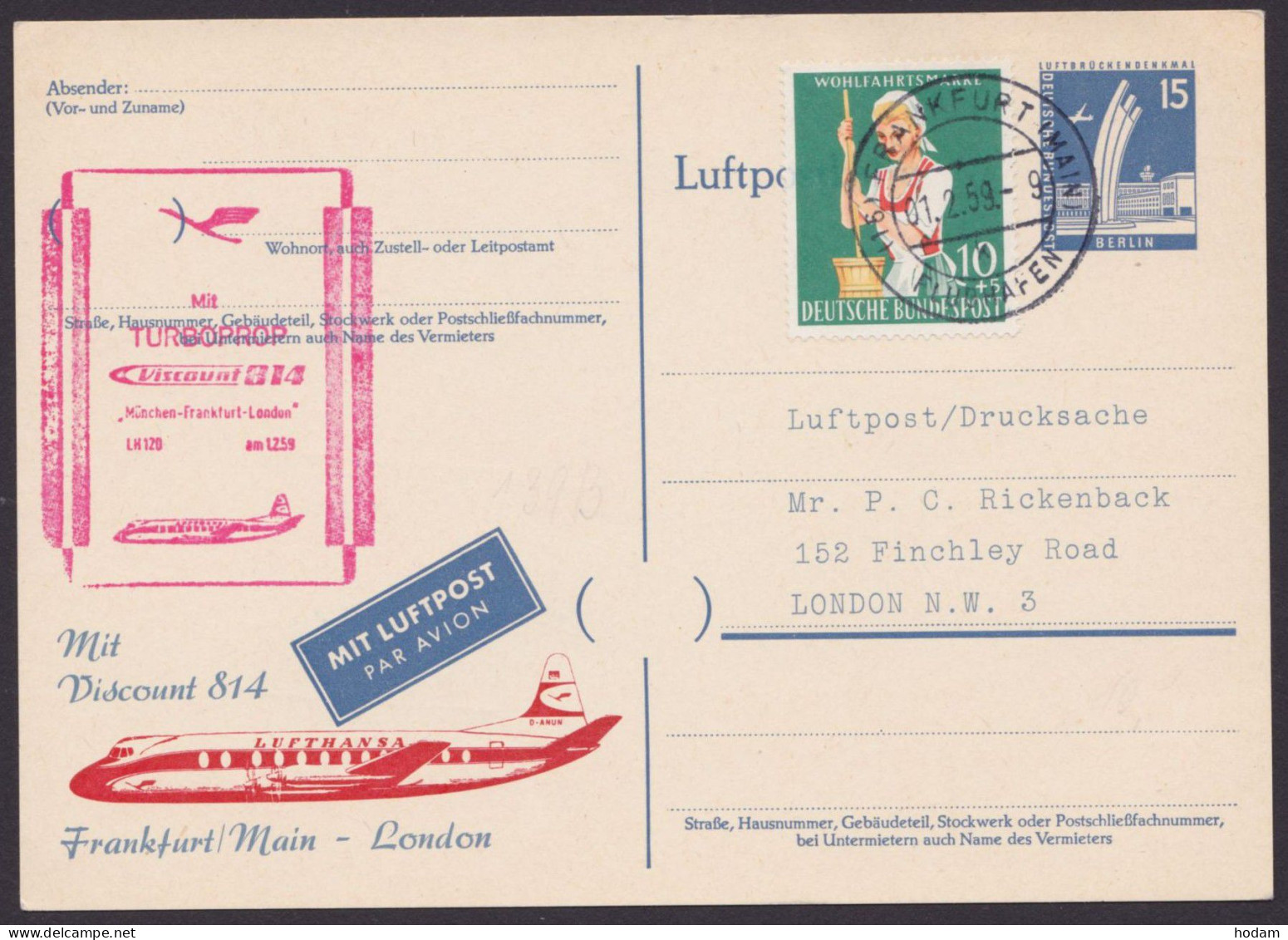 P41a, Zudruck "Viscount 814", Flug "Frankfurt-London", 1959, Zusatzfr., Pass. Stempel, Ankunft - Postkarten - Gebraucht