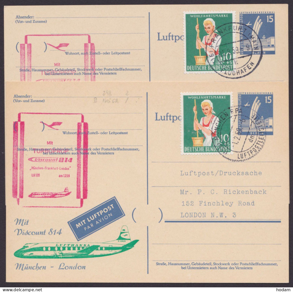 P41a,2 Karten Mit Versch. Zudrucken, Erstflug Nach London, Pass. Stempel, Zusatzfrankatur - Postcards - Used