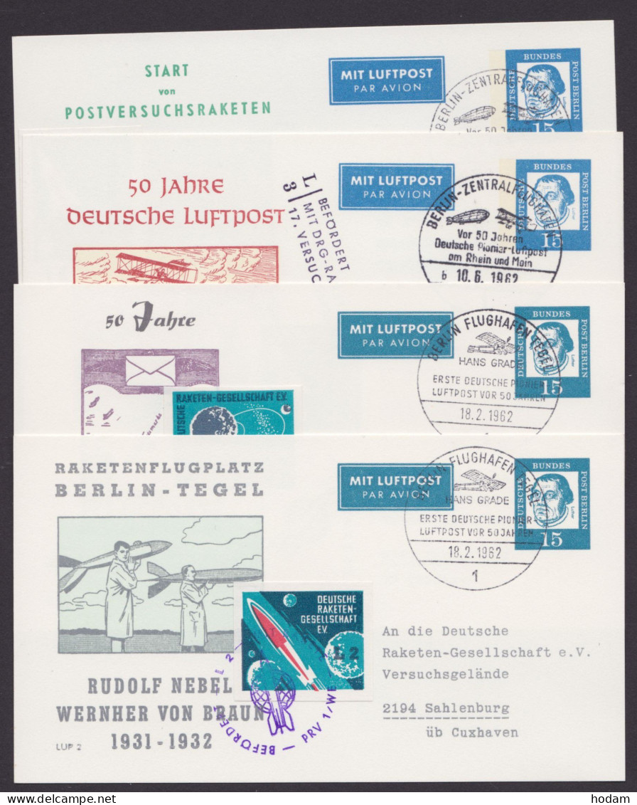PP28 C1/01+/02, 31C1/02+/03, "Raketenflug" 1962, 4 Versch. Karten, Alle Mit Zugehöriger Raketenflugvignette, Pass. SSt. - Privatpostkarten - Gebraucht