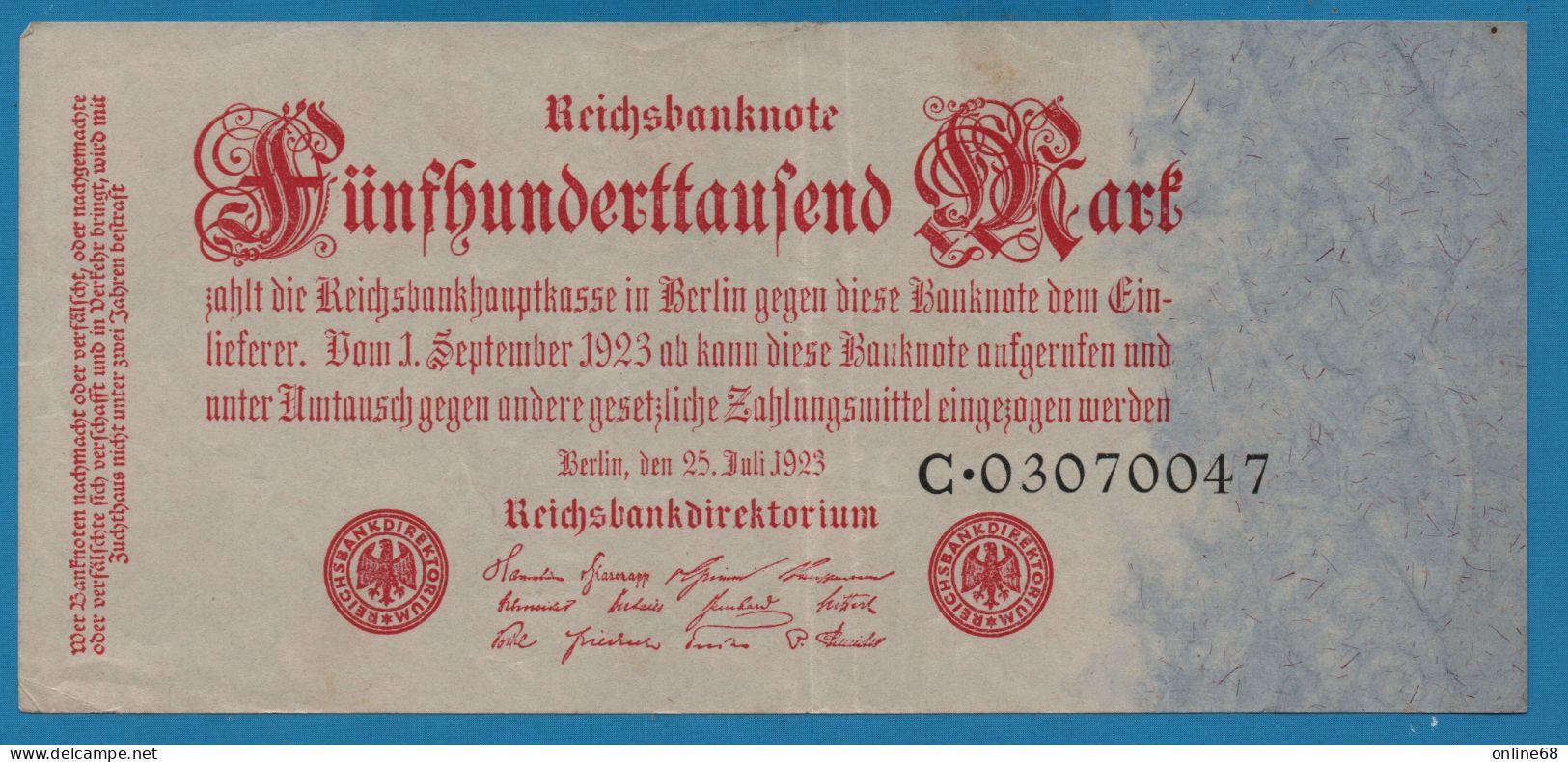 DEUTSCHES REICH 500.000 MARK 25.07.1923 # C.03070047 P# 92 Reichsbank - 500.000 Mark