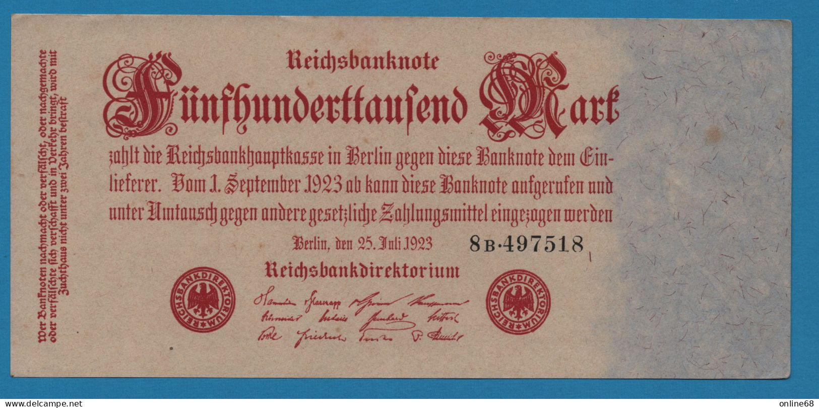 DEUTSCHES REICH 500.000 MARK 25.07.1923 # 8B.497518 P# 92 Reichsbank - 500000 Mark