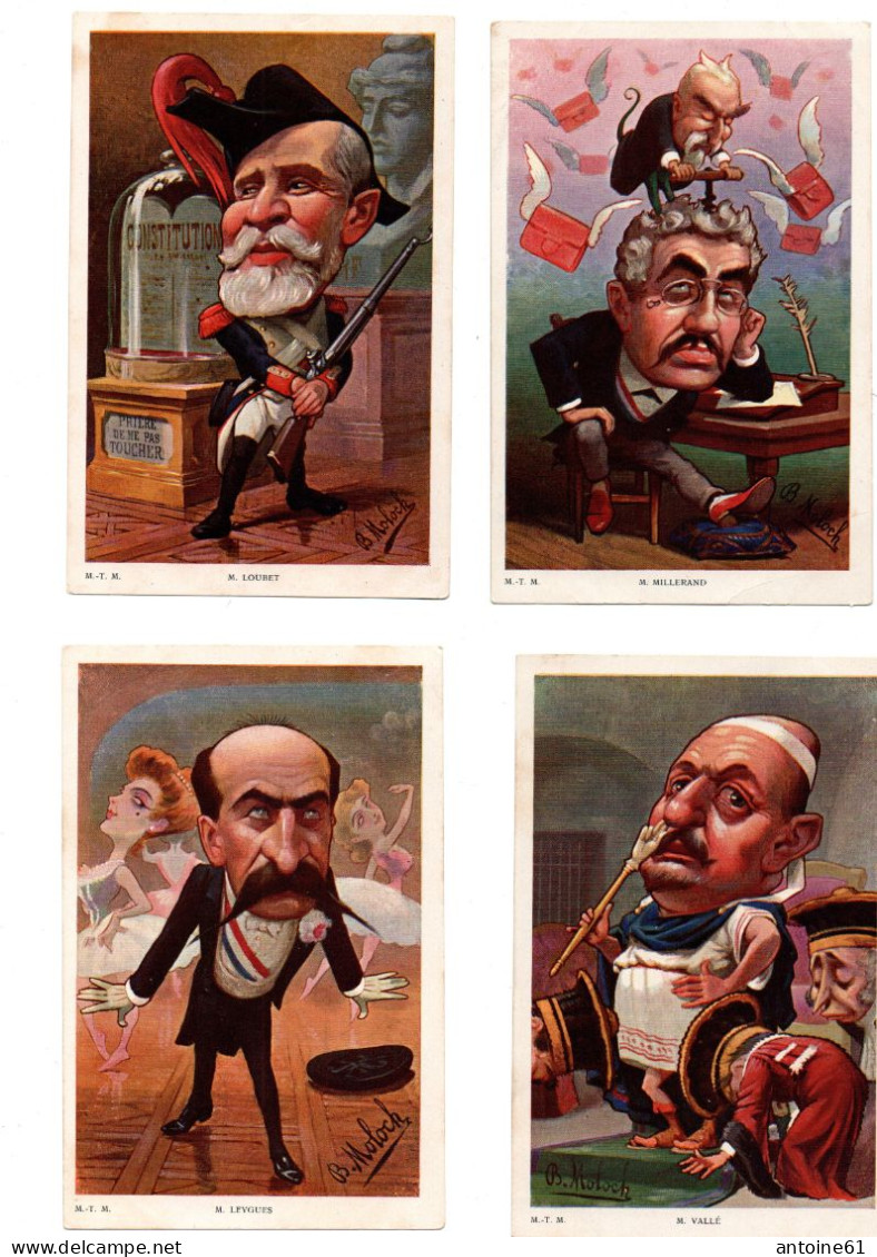 Hector MOLOCH -- 4 Cpa - Caricatures  Satiriques De :  LOUBET -VALLE -LEIGUES - MILLERAND - Moloch