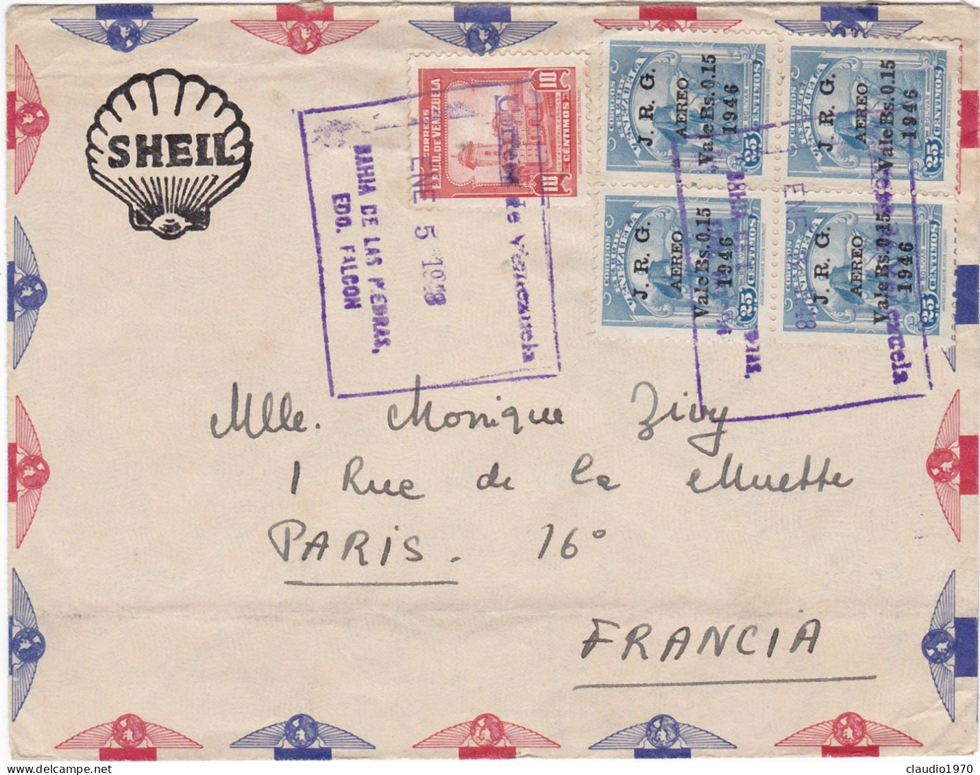 VENEZUELA  - SHEIL -  BUSTA  VIAGGIATA PER - PARIS - FRANCIA - 1946 - Venezuela