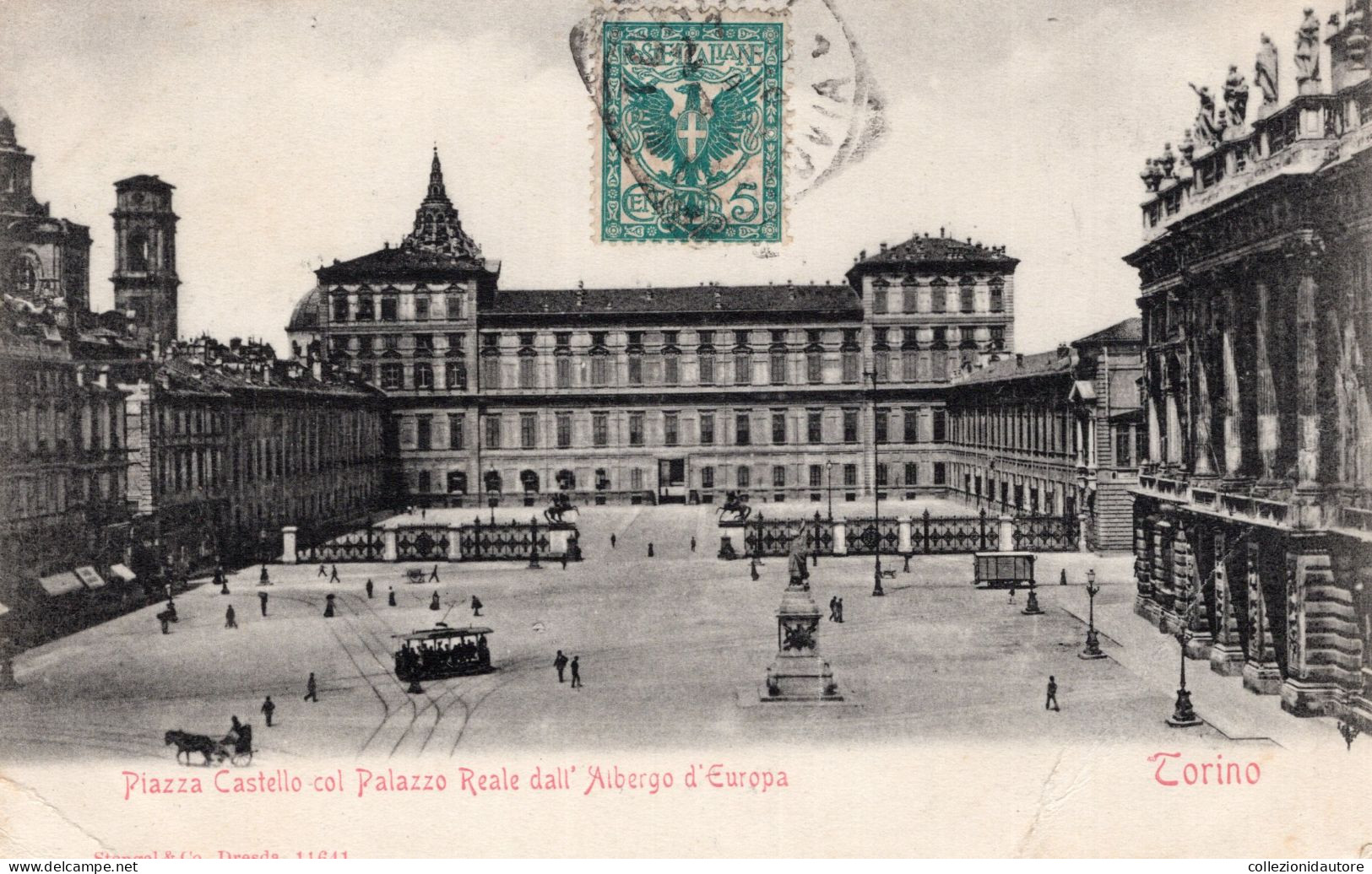 TORINO - PIAZZA CASTELLO COL PALAZZO REALE DALL'ALBERGO D'EUROPA - MOVIMENTATA - CARTOLINA FP SPEDITA PRIMO 900 - Castello Del Valentino