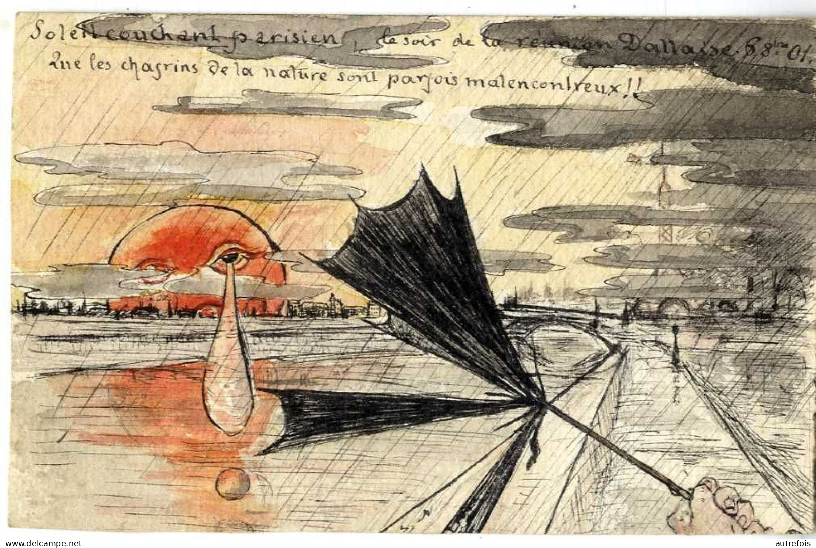 SOLEIL COUCHANT PARISIEN  AQUARELLE  REALISEE SUR CARTE POSTALE  -  SIGNEE LE PRINCE RINGUET NE A LAVAL XIX° - Wasserfarben