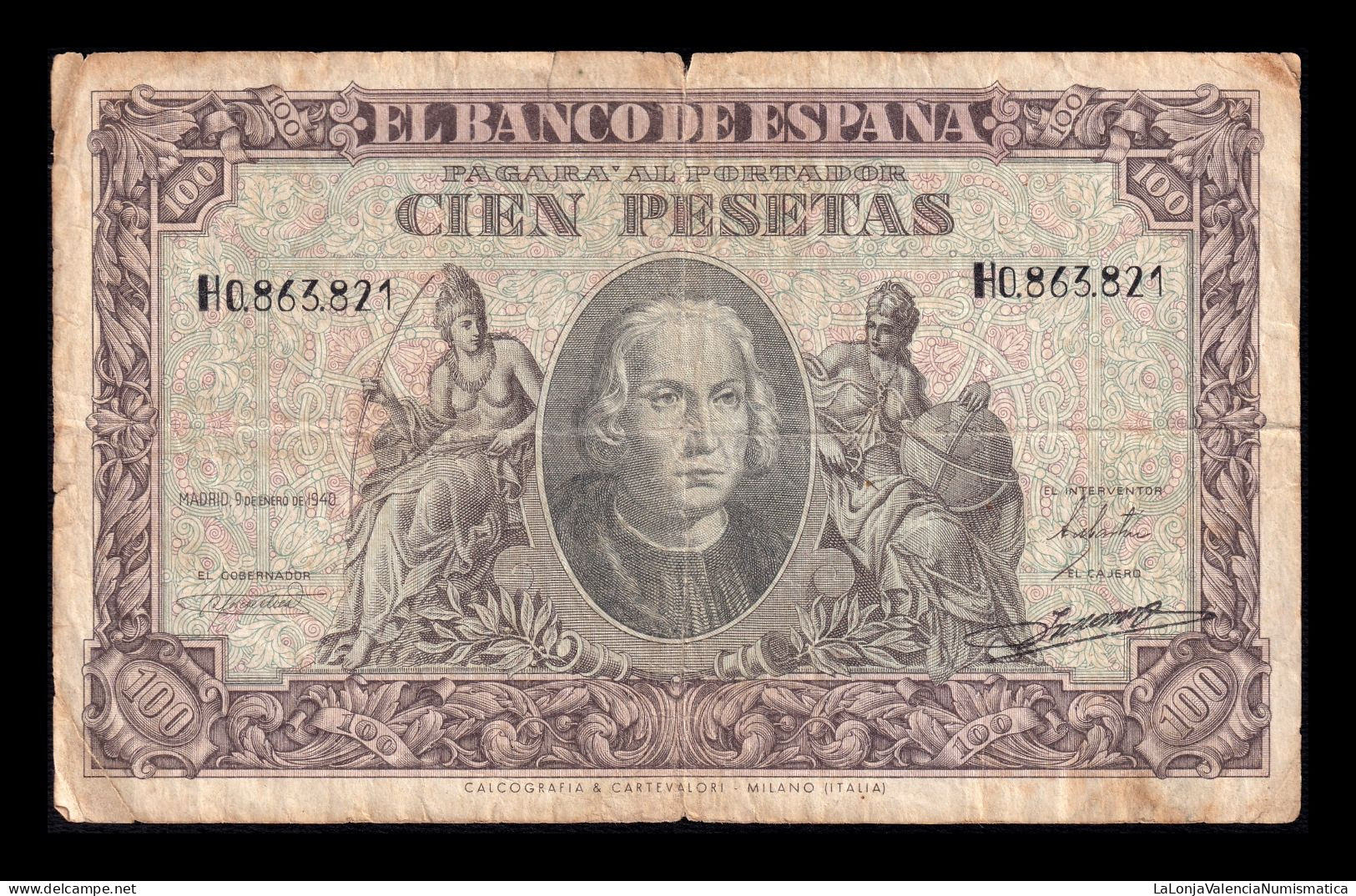 España Spain 100 Pesetas Cristóbal Colón 1940 Pick 118 Serie H Bc F - 100 Pesetas