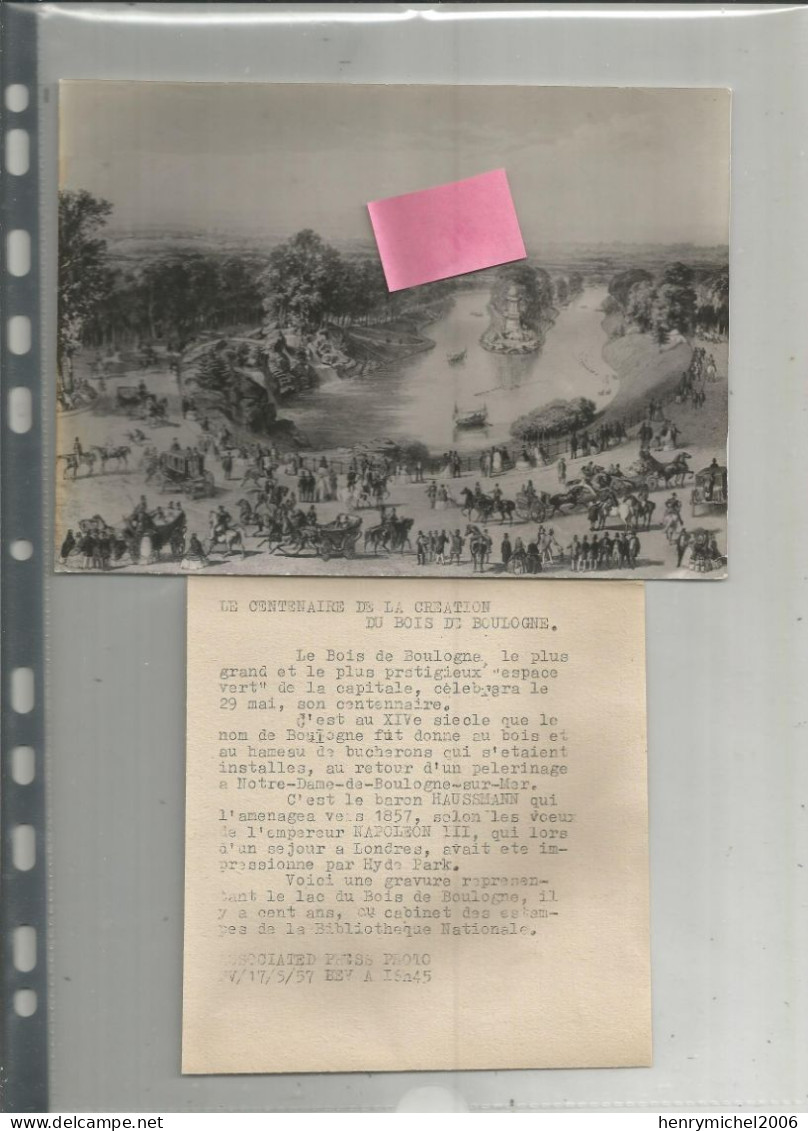 Photographie Le Centenaire De La Création Du Bois De Boulogne Dessin 1857 Photo De 1957 Du Cabinet Des Estampes Paris - Lieux