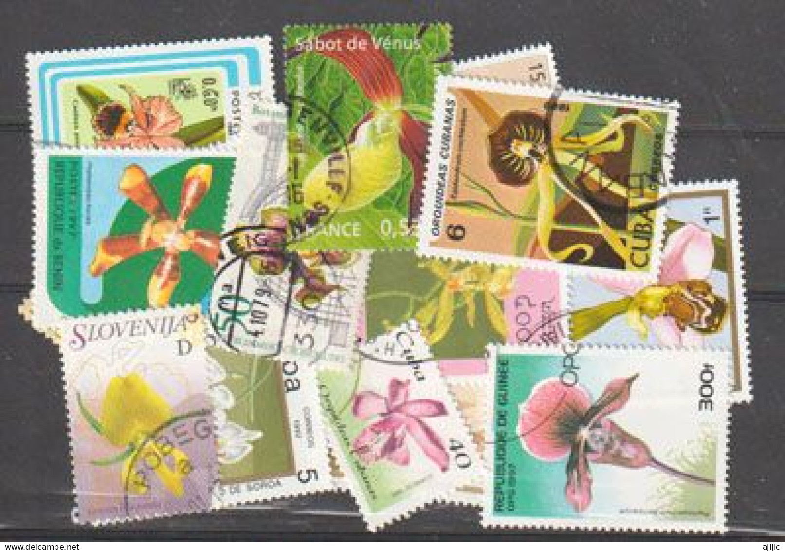 Beau Lot De 15 Timbres Oblitérés Tous Differents, ORCHIDÉES,  1 ère Qualité. # 2 - Mezclas (max 999 Sellos)