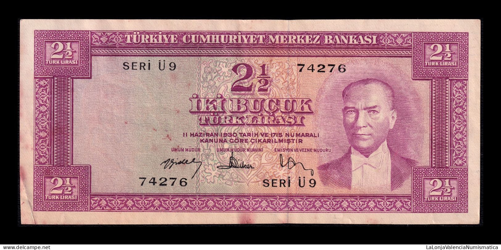 Turquía Turkey 2½ Lira L.1930 Pick 152 Mbc/Ebc Vf/Xf - Turquie