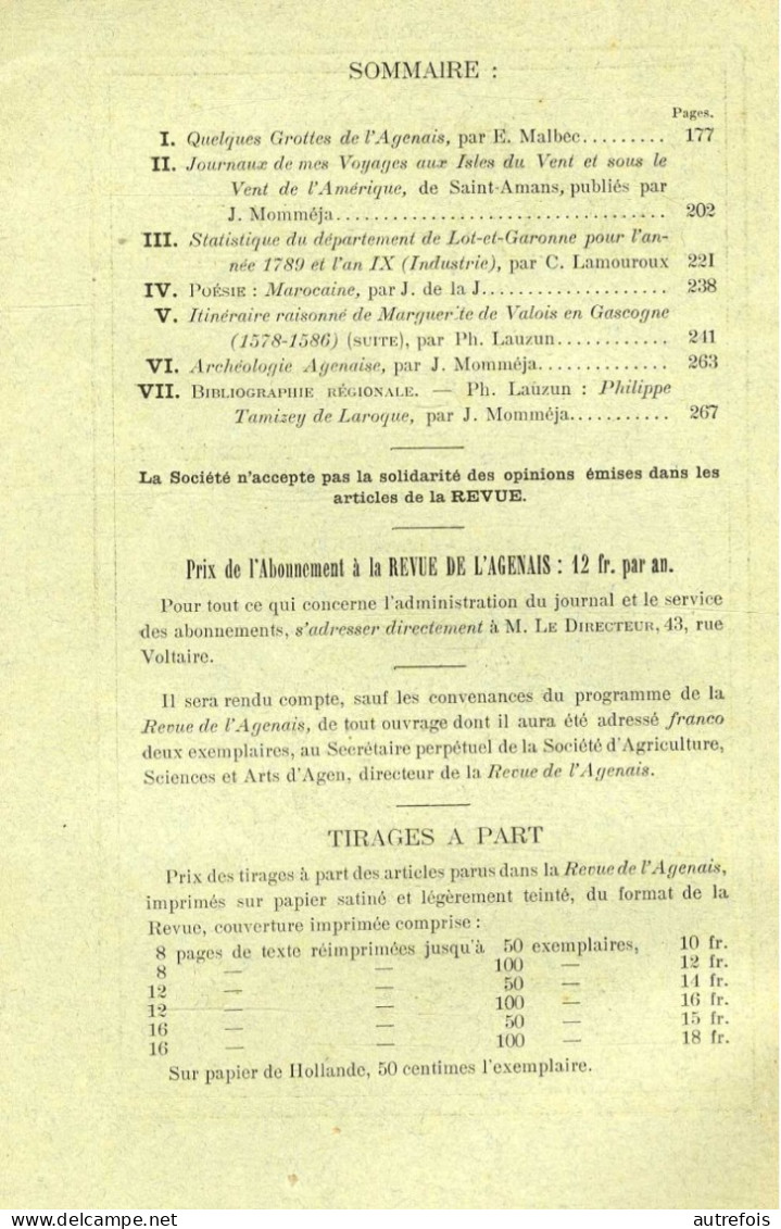 REVUE DE L AGENAIS  AGEN 1902  -  QUELQUES GROTTES DE L AGENAIS  -  PAGES 175 A  271 - Aquitaine