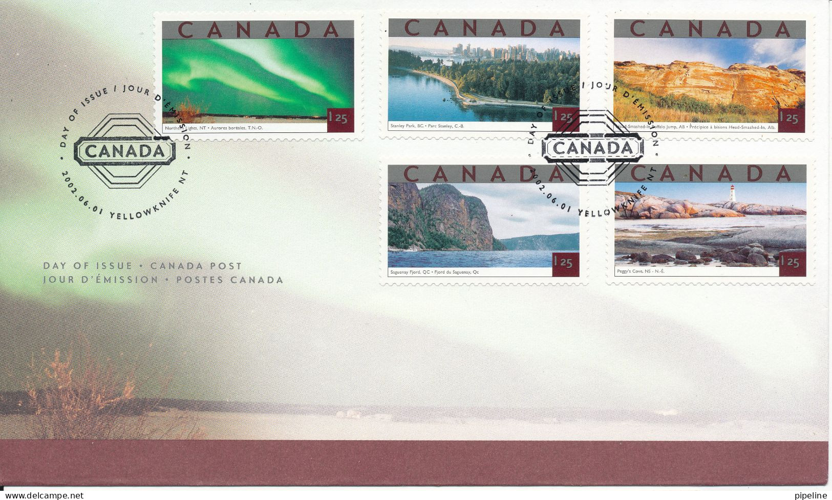 Canada FDC 1-6-2002 Tourist Attractions Northern Lights, Stanley Park, Buffalo Jump, Saguenay Fjord, Peggys Cove 5x1.25$ - 2001-2010
