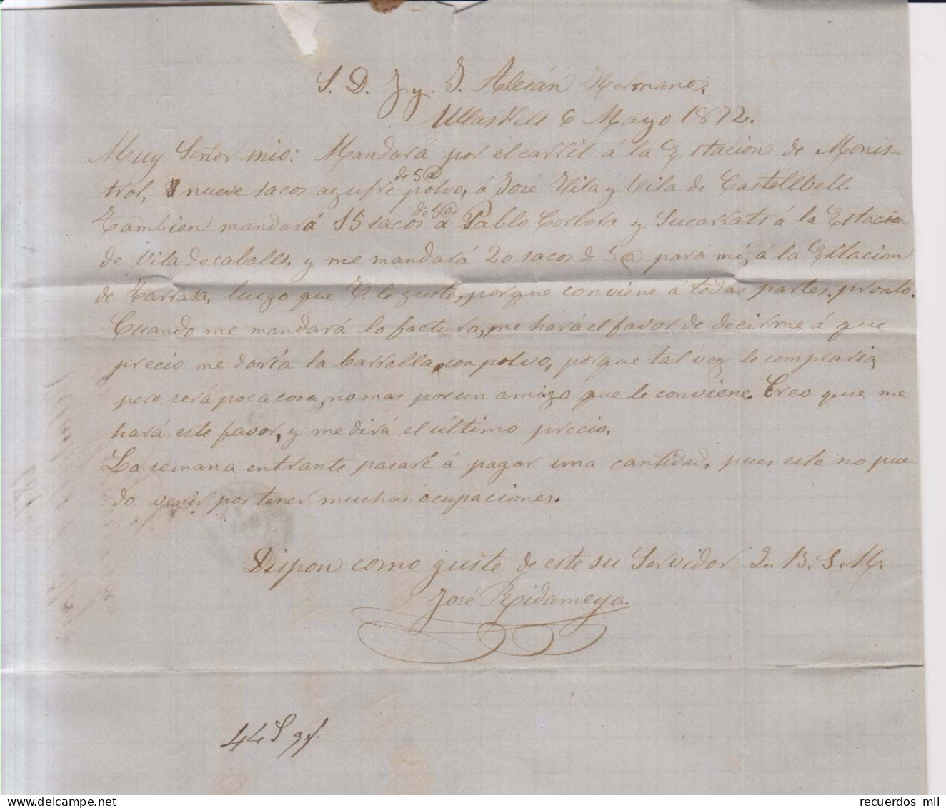 Año 1870 Edifil 107 Alegoria Carta De Ullastrell Matasellos Rombo  Tarrasa Barcelona Jose Ridameya - Lettres & Documents