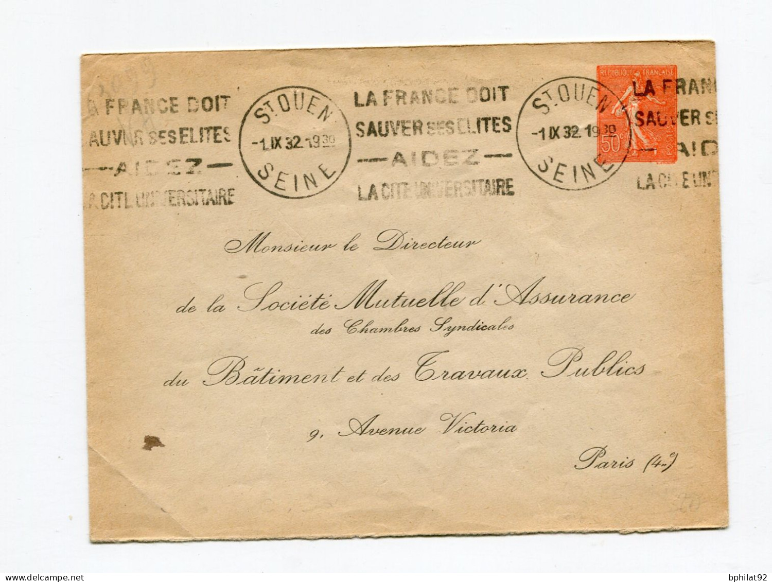 !!! ENTIER POSTAL 50C SEMEUSE AVEC REPIQUAGE SOCIETE MUTUELLE D'ASSURANCE, CACHET DE ST OUEN DE 1932 - Umschläge Mit Aufdruck (vor 1995)