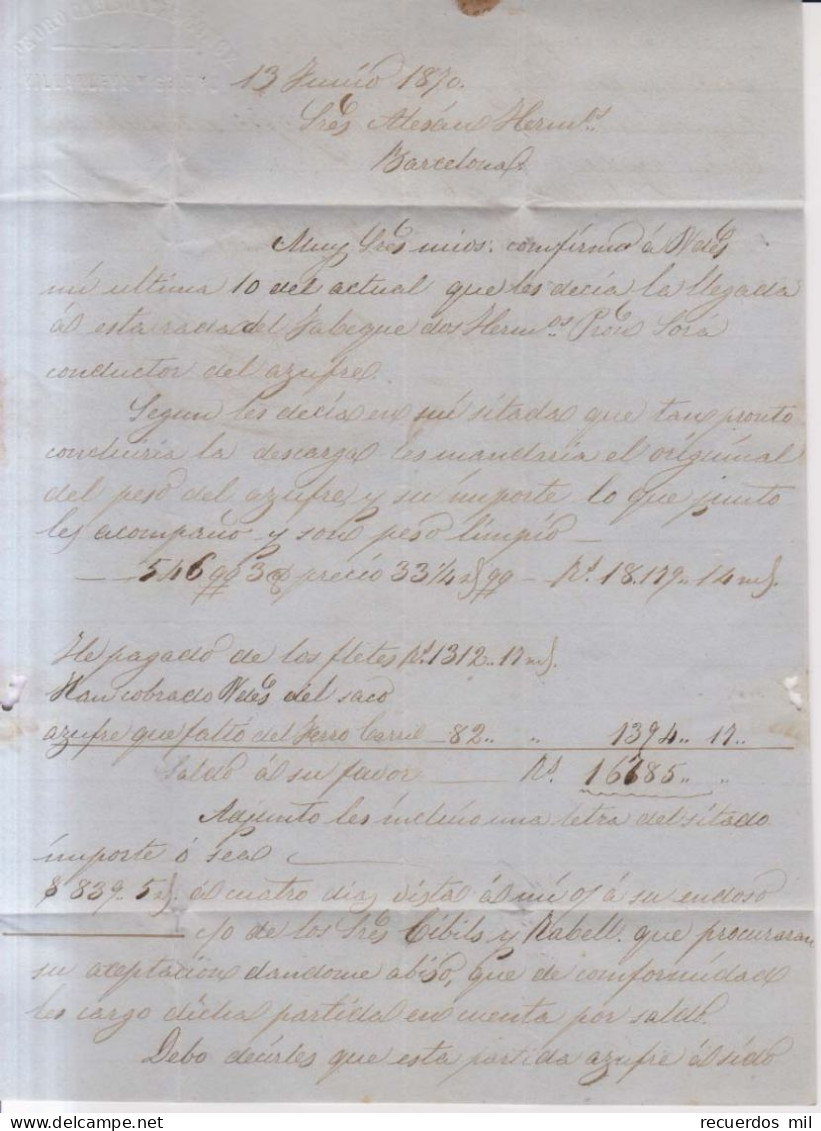 Año 1870 Edifil 107 Pareja Sellos Alegoria Carta Matasellos Villanueva Y La Geltru Pedro Carbonell - Cartas & Documentos