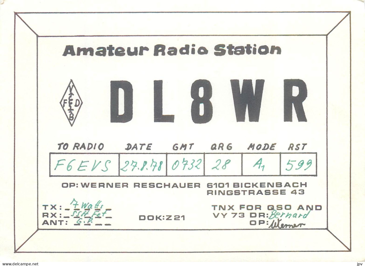 CARTE QSL : BICKENBACH . ALLEMAGNE. GERMANY - Other & Unclassified