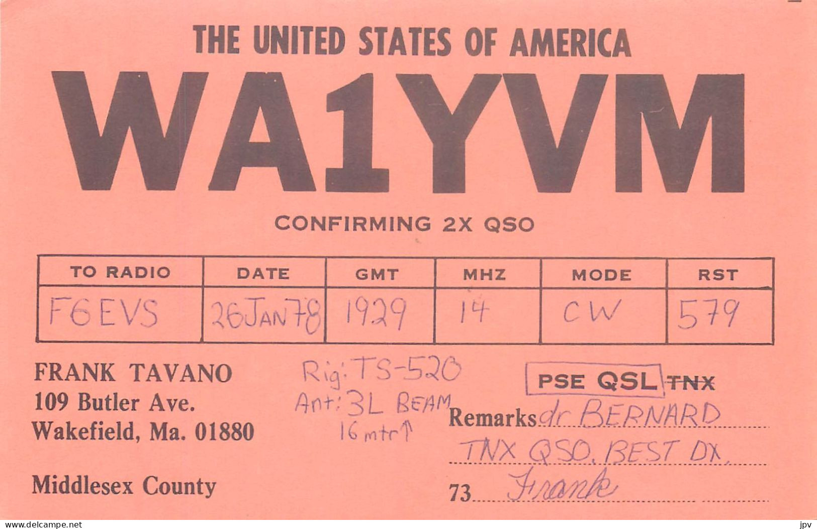 CARTE QSL : WAKEFIELD , MASSACHUSSETS. USA. 1978. - Other & Unclassified