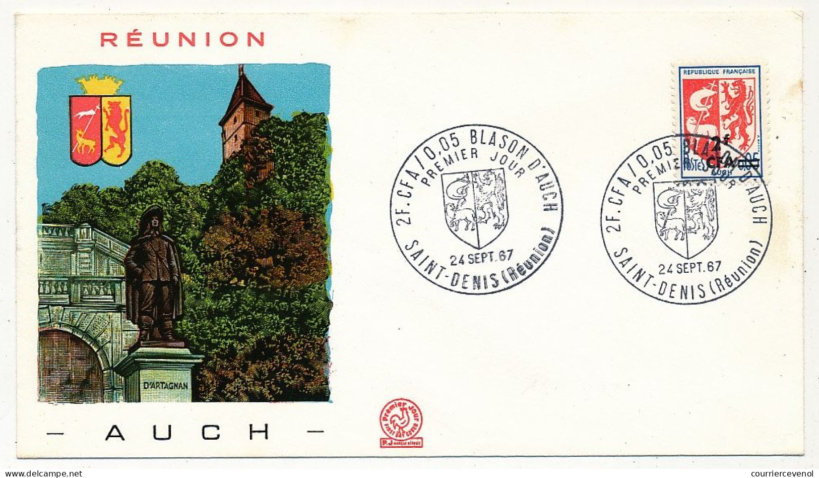 REUNION - Enveloppe FDC - 2F Blason D'Auch - Premier Jour - St Denis (Réunion) 24/12/1967 - Brieven En Documenten