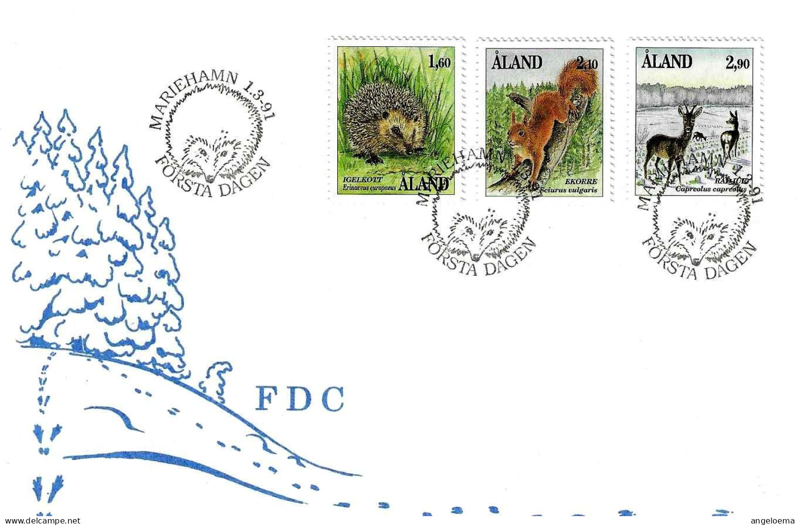 ALAND - 1991 Serie Animali (riccio, Lepre Capriolo) Con Annullo Fdc MARIEHAMN Riccio - 74 - Rongeurs