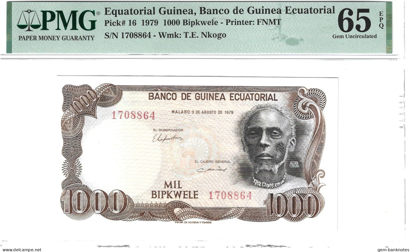 Equatorial Guinea 1000 Bipkwele 1979 P16 Graded 65 EPQ Gem Uncirculated By PMG - Equatoriaal-Guinea