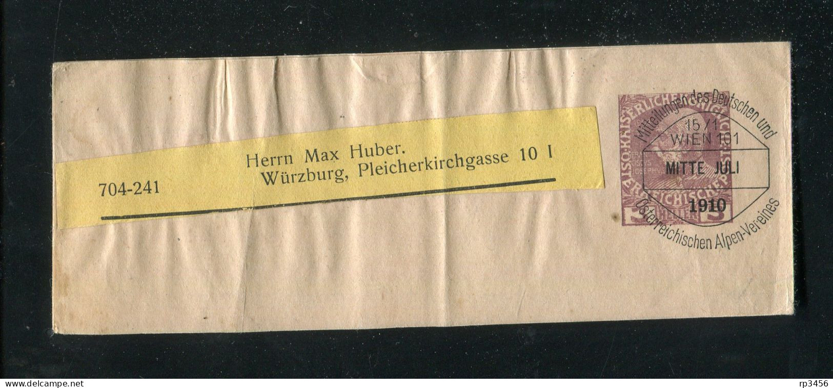 "OESTERREICH" 1910, Streifband "Alpen-Verein" Nach Wuerzburg (3897) - Newspaper Bands