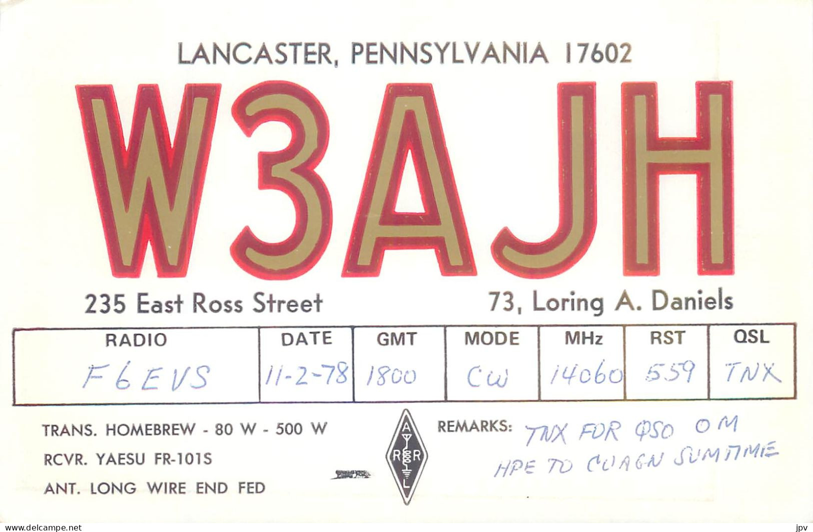 CARTE QSL : LANCASTER . PENNSYLVANIA .1978. - Other & Unclassified