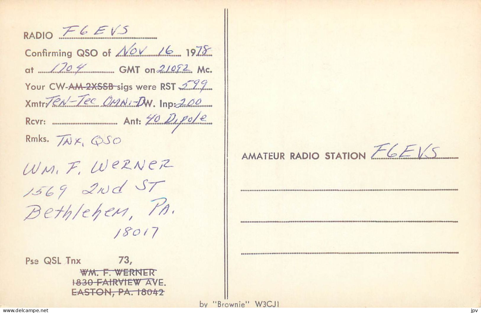 CARTE QSL : EASTON . PENNSYLVANIA .1978. - Autres & Non Classés