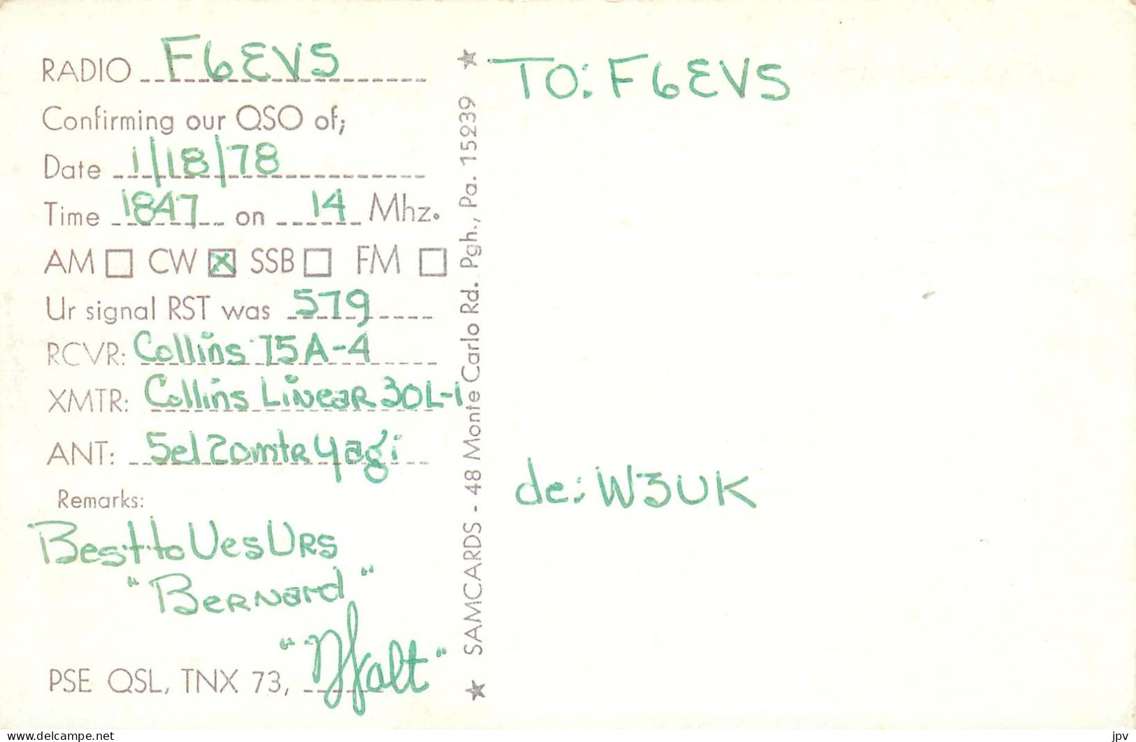 CARTE QSL : BELLE VERNON . PENNSYLVANIA .1978. - Autres & Non Classés