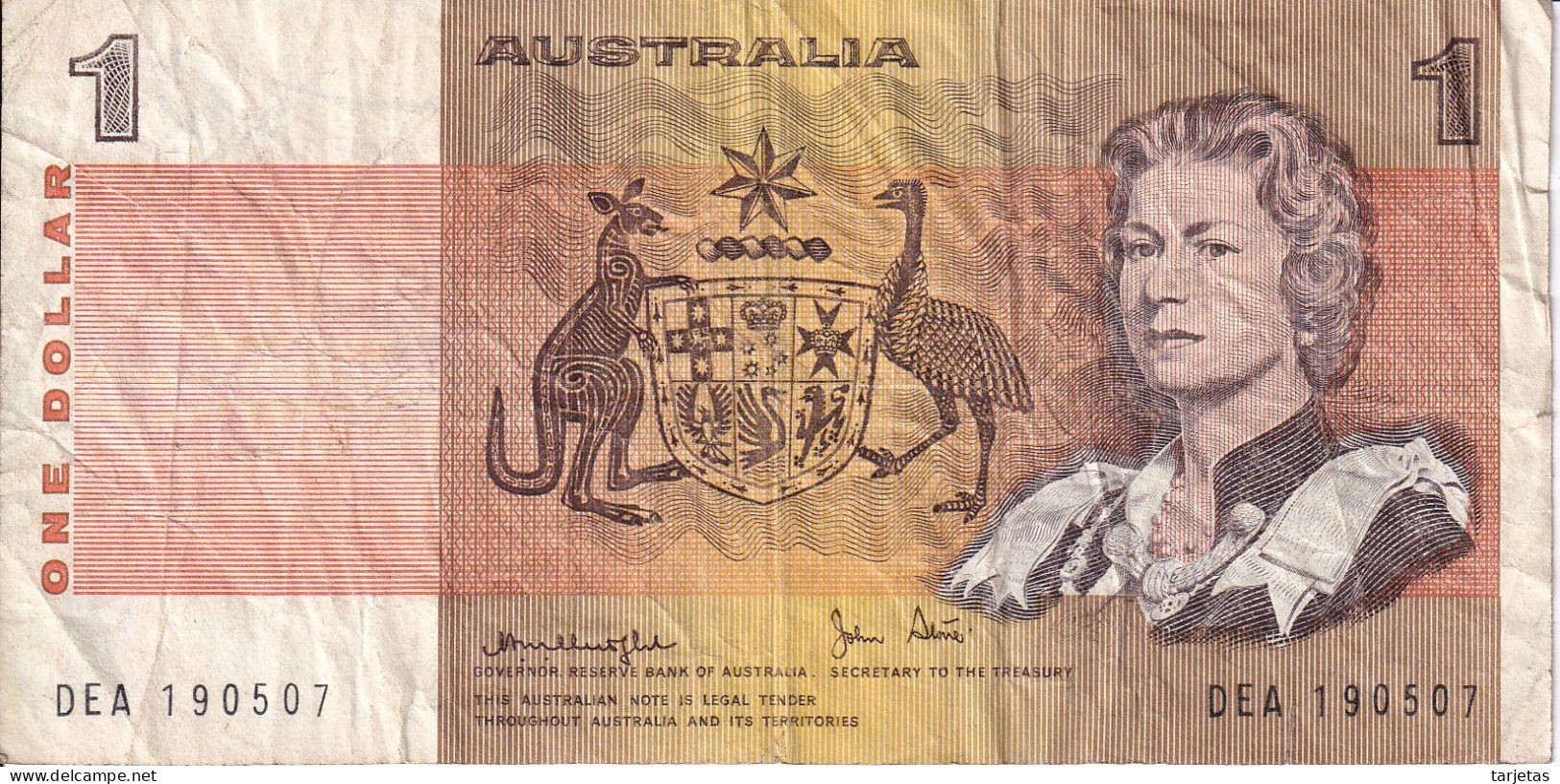 BILLETE DE AUSTRALIA DE 1 DOLLAR AÑOS 1974-83 SERIE DEA  (BANKNOTE) - 1974-94 Australia Reserve Bank (papier)