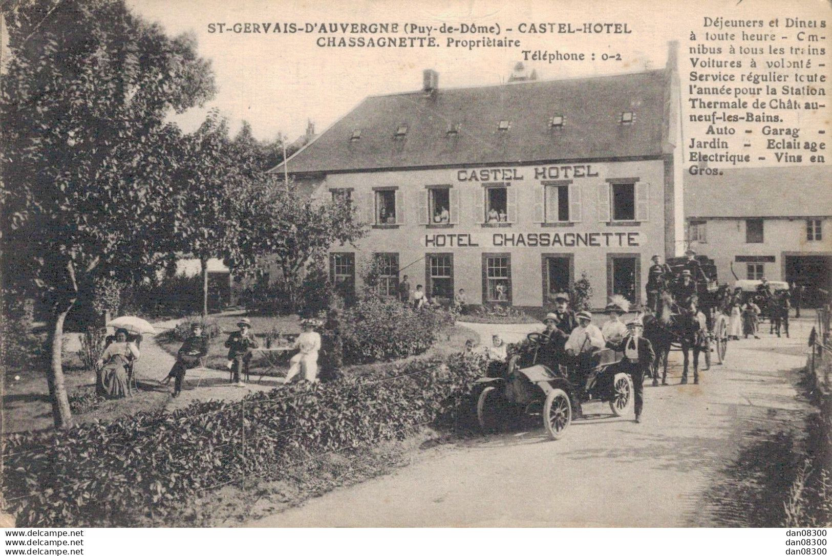 RARE  63 SAINT GERVAIS D'AUVERGNE CASTEL HOTEL CHASSAGNETTE PROPRIETAIRE ANIMEE VOITURE ATTELAGE - Saint Gervais D'Auvergne