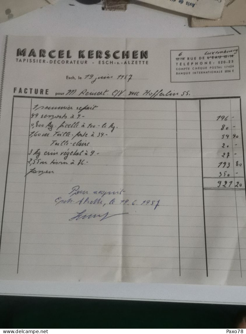 Luxembourg Facture, Marcel Kerschen, Esch-Alzette 1957 - Luxembourg