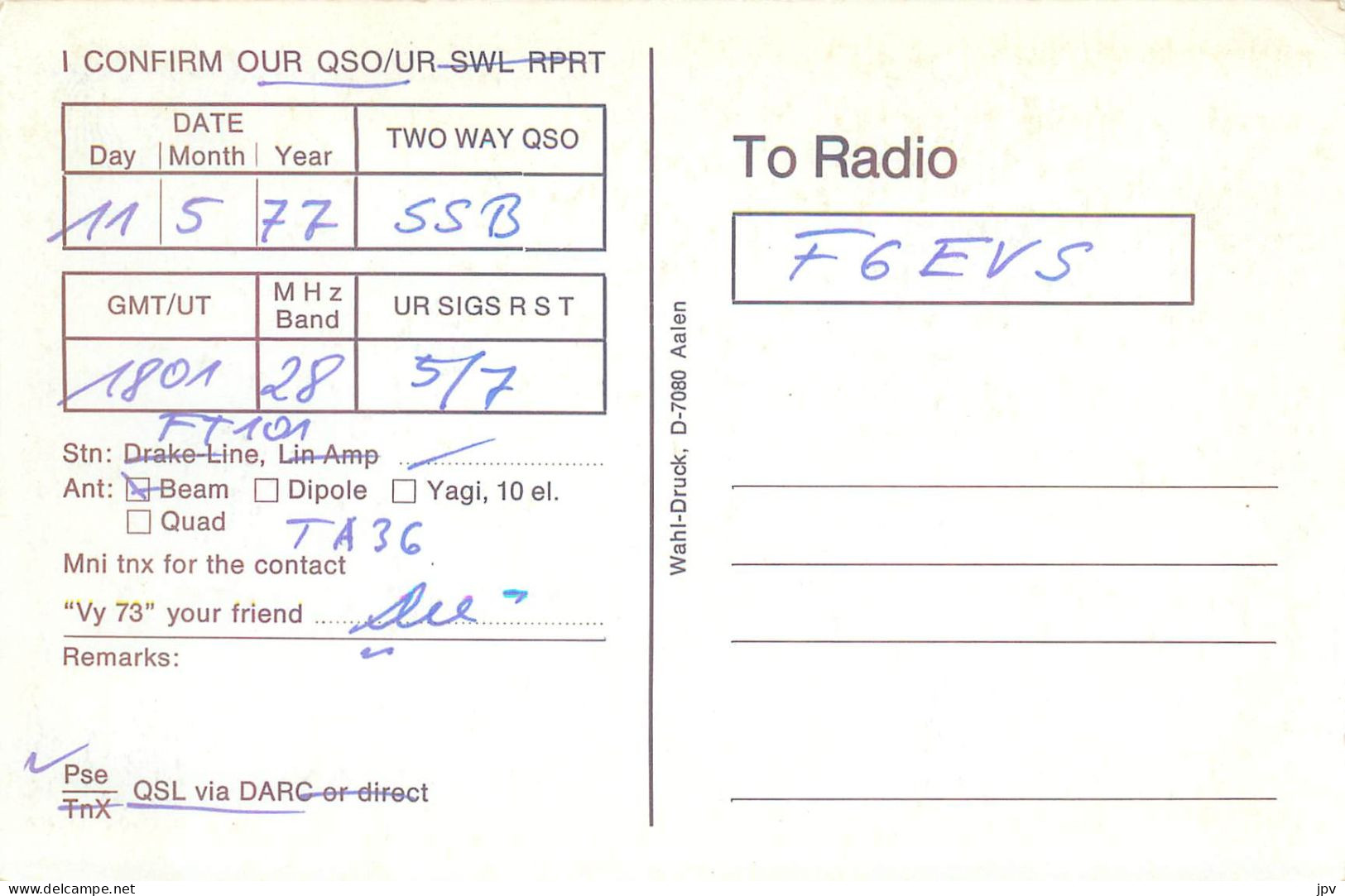 CARTE QSL : AALEN-RAUENTAL. ALLEMAGNE. GERMANY. 1977. - Other & Unclassified