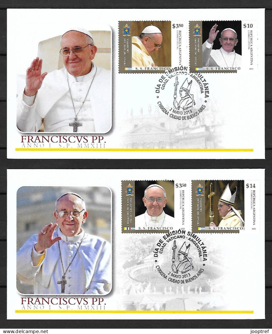 2013 Joint Argentina And Vatican, 2 FDC'S ARGENTINA 2+2 STAMPS: Pope Francis - Gezamelijke Uitgaven