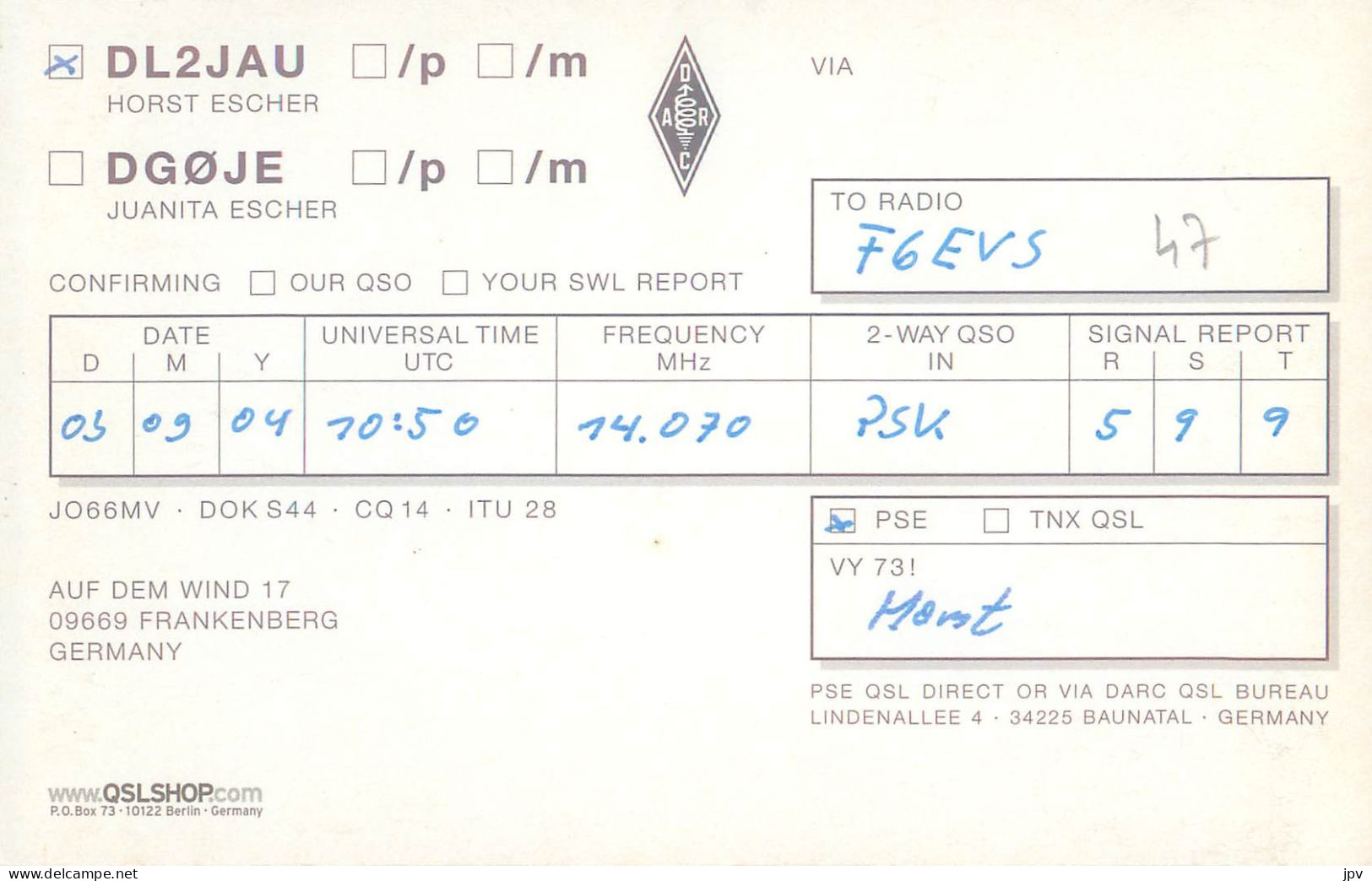 CARTE QSL : FRANKENBERG . ALLEMAGNE. GERMANY. 2004. - Otros & Sin Clasificación