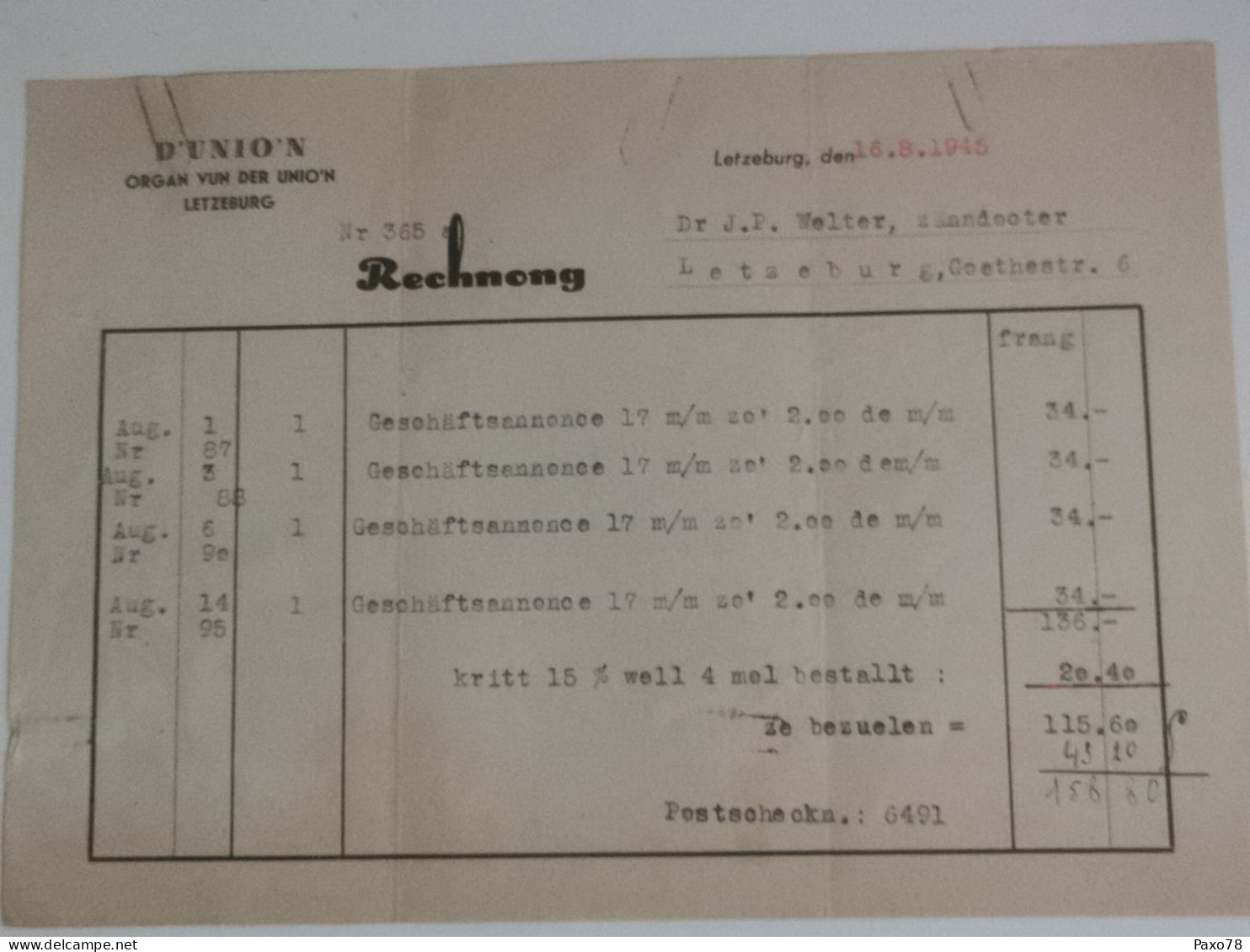 Rechnung, D'union 1945 - 1940-1944 German Occupation