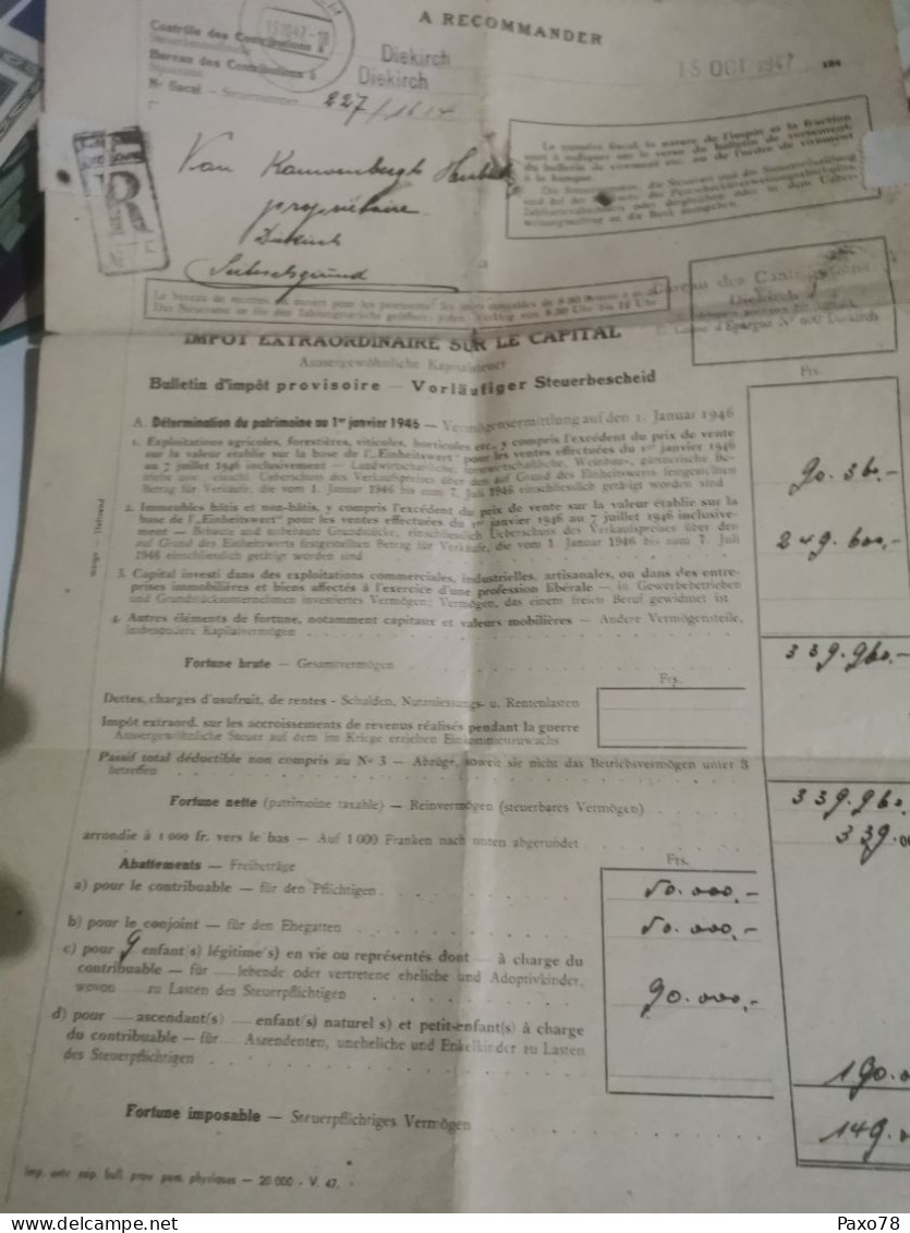 Impôt Sur Capitale, Oblitéré Diekirch 1947 - Briefe U. Dokumente