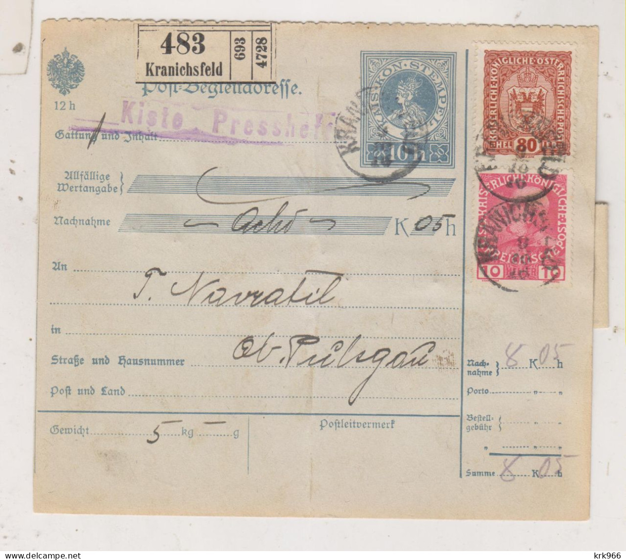 SLOVENIA,Austria 1916 KRANICHSFELD RACE Parcel Card To OBER PULSGAU ZGORNJA POLSKAVA Postage Due - Slowenien