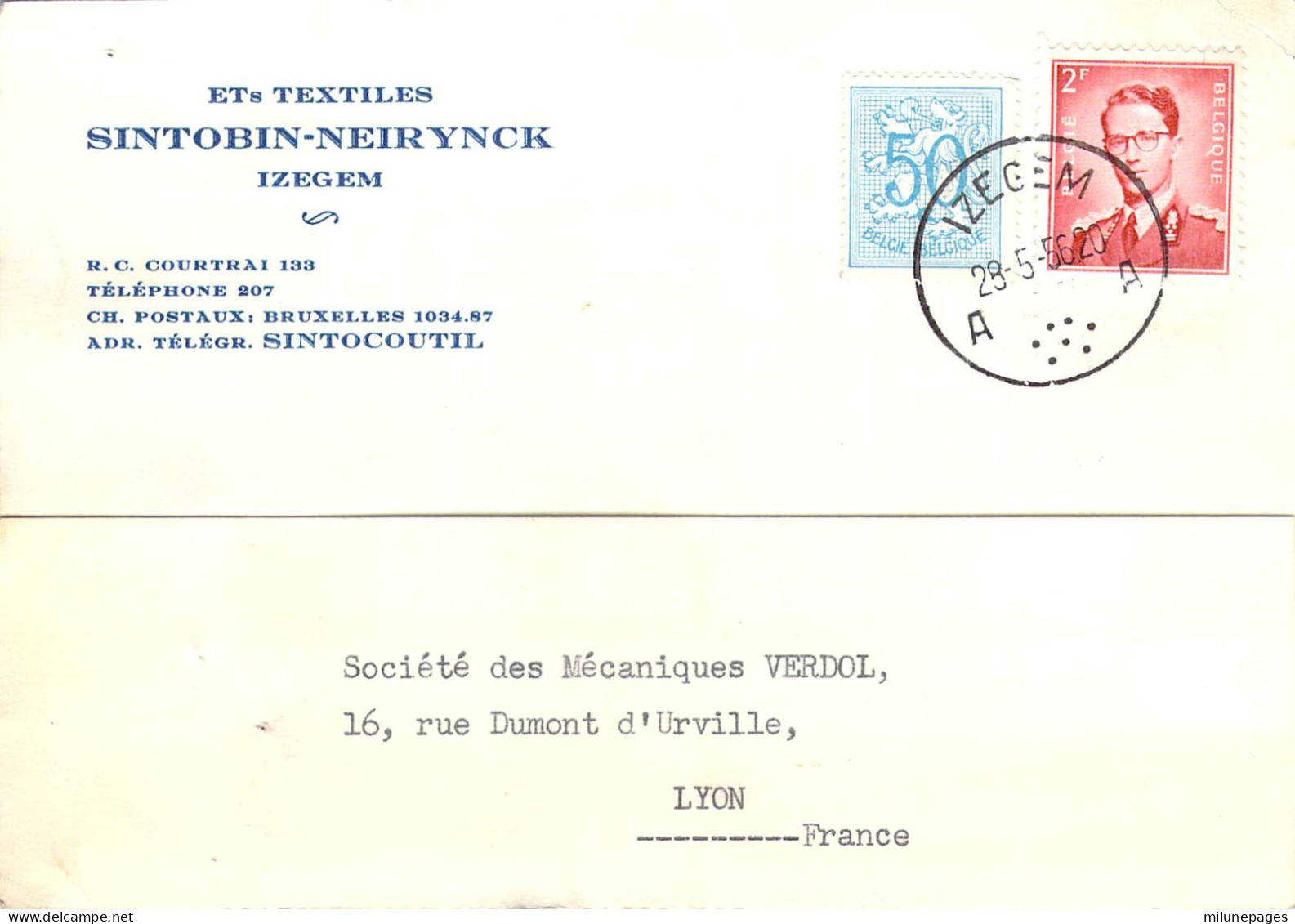 Belgique Belgie Carte Lettre Commerciale Des Ets Textiles Sintobin-Neirynck à Izegem En 1956 - Izegem