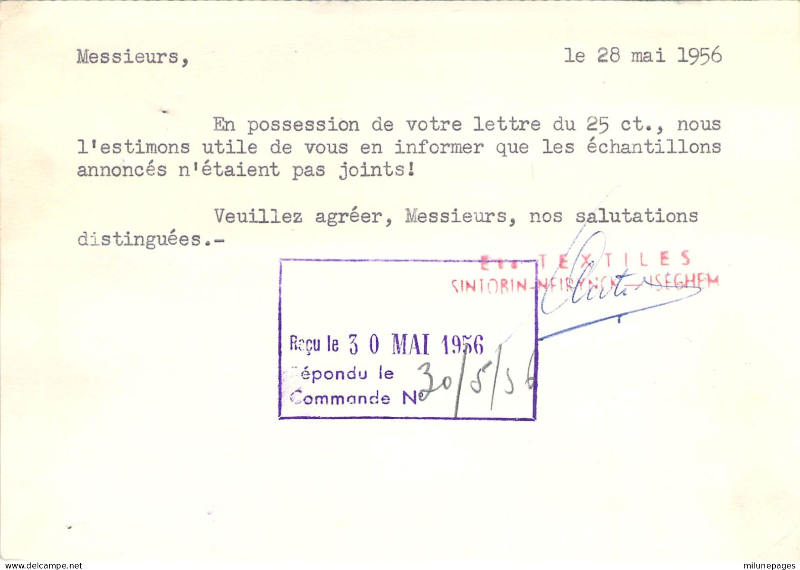 Belgique Belgie Carte Lettre Commerciale Des Ets Textiles Sintobin-Neirynck à Izegem En 1956 - Izegem