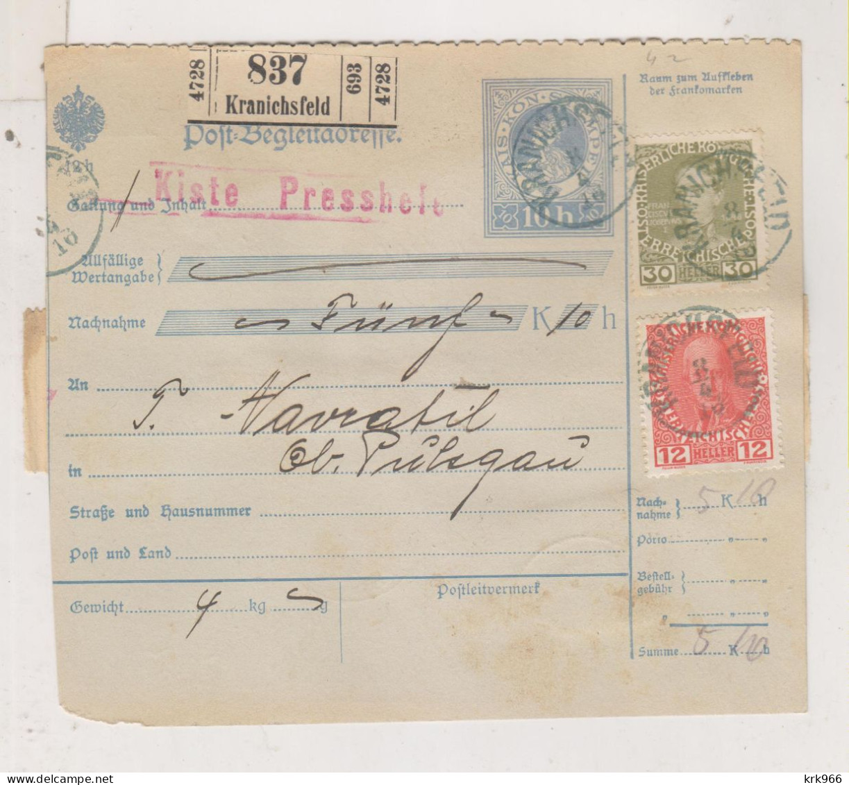 SLOVENIA,Austria 1916 KRANICHSFELD RACE Parcel Card To OBER PULSGAU ZGORNJA POLSKAVA Postage Due - Slowenien