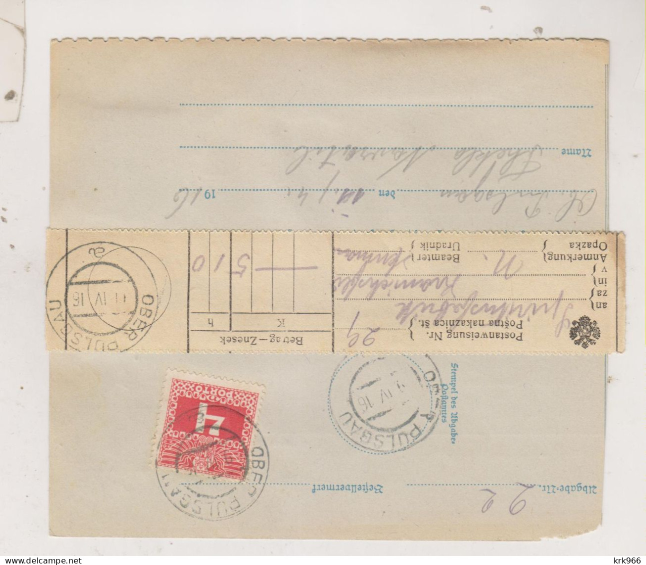 SLOVENIA,Austria 1916 KRANICHSFELD RACE Parcel Card To OBER PULSGAU ZGORNJA POLSKAVA Postage Due - Slowenien