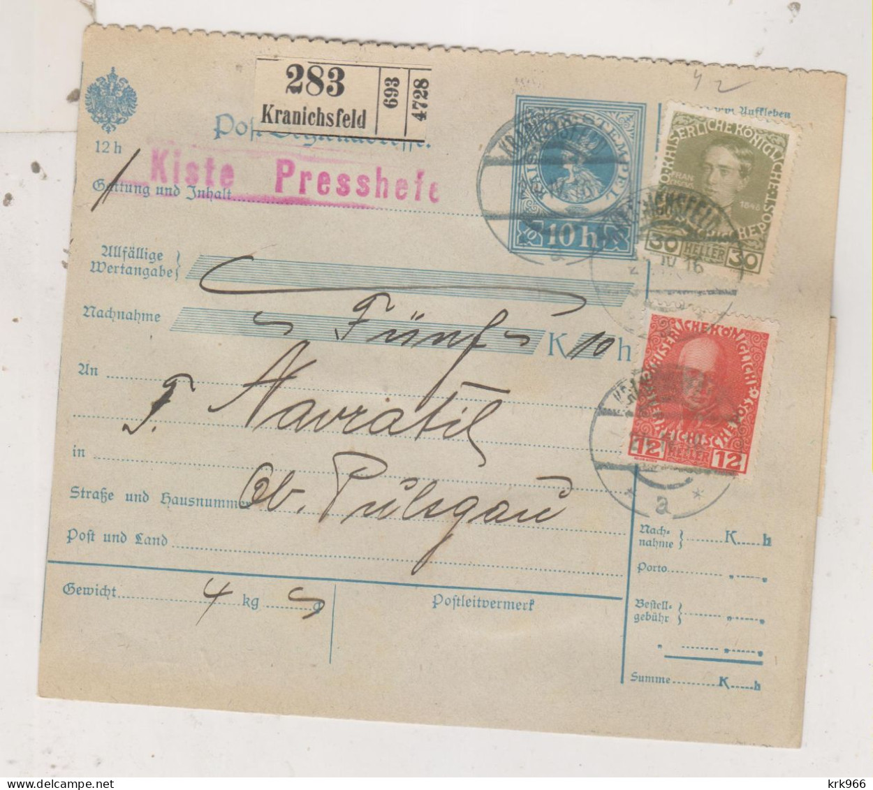 SLOVENIA,Austria 1916 KRANICHSFELD RACE Parcel Card To OBER PULSGAU ZGORNJA POLSKAVA Postage Due - Slowenien