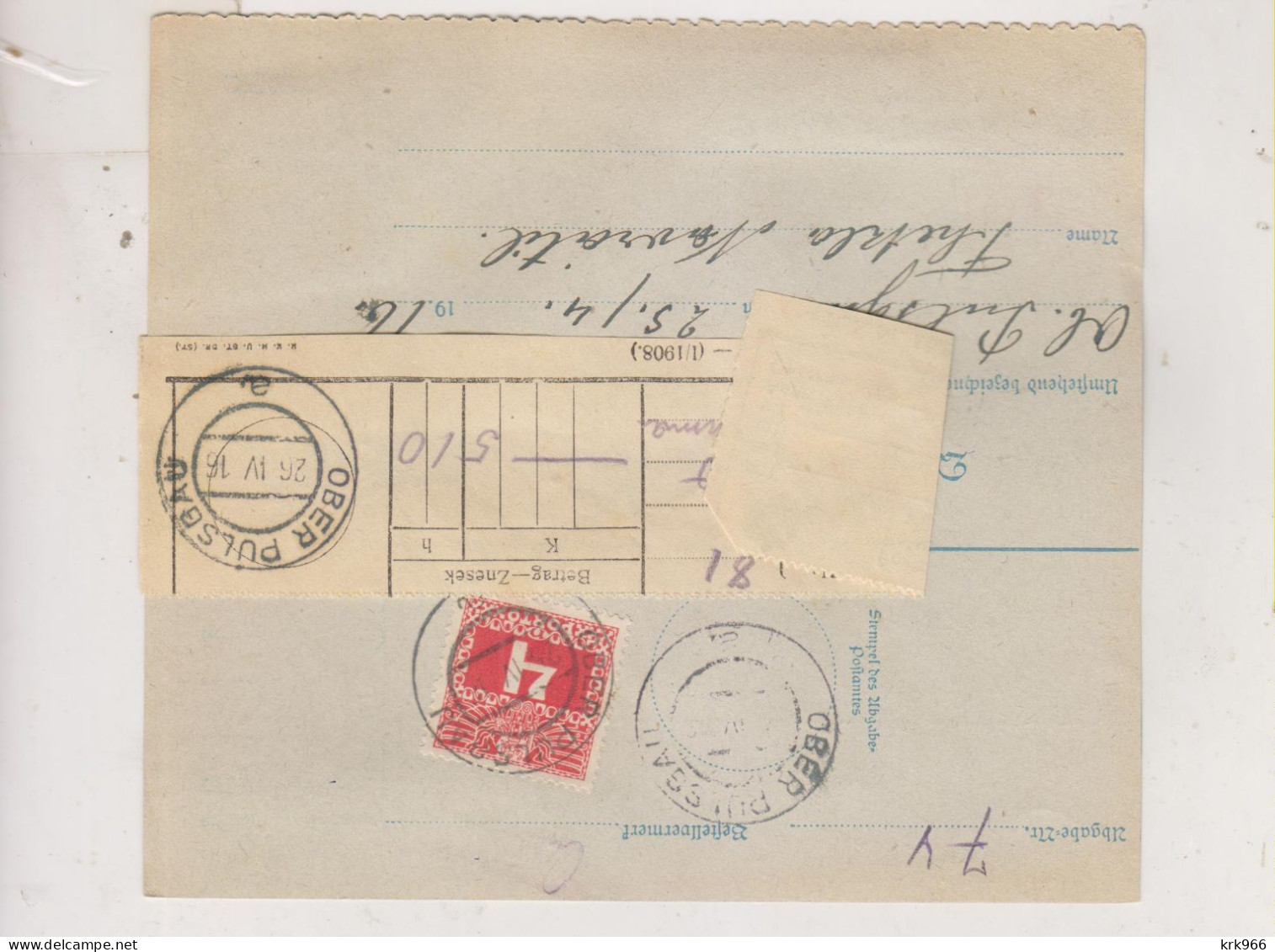 SLOVENIA,Austria 1916 KRANICHSFELD RACE Parcel Card To OBER PULSGAU ZGORNJA POLSKAVA Postage Due - Slowenien