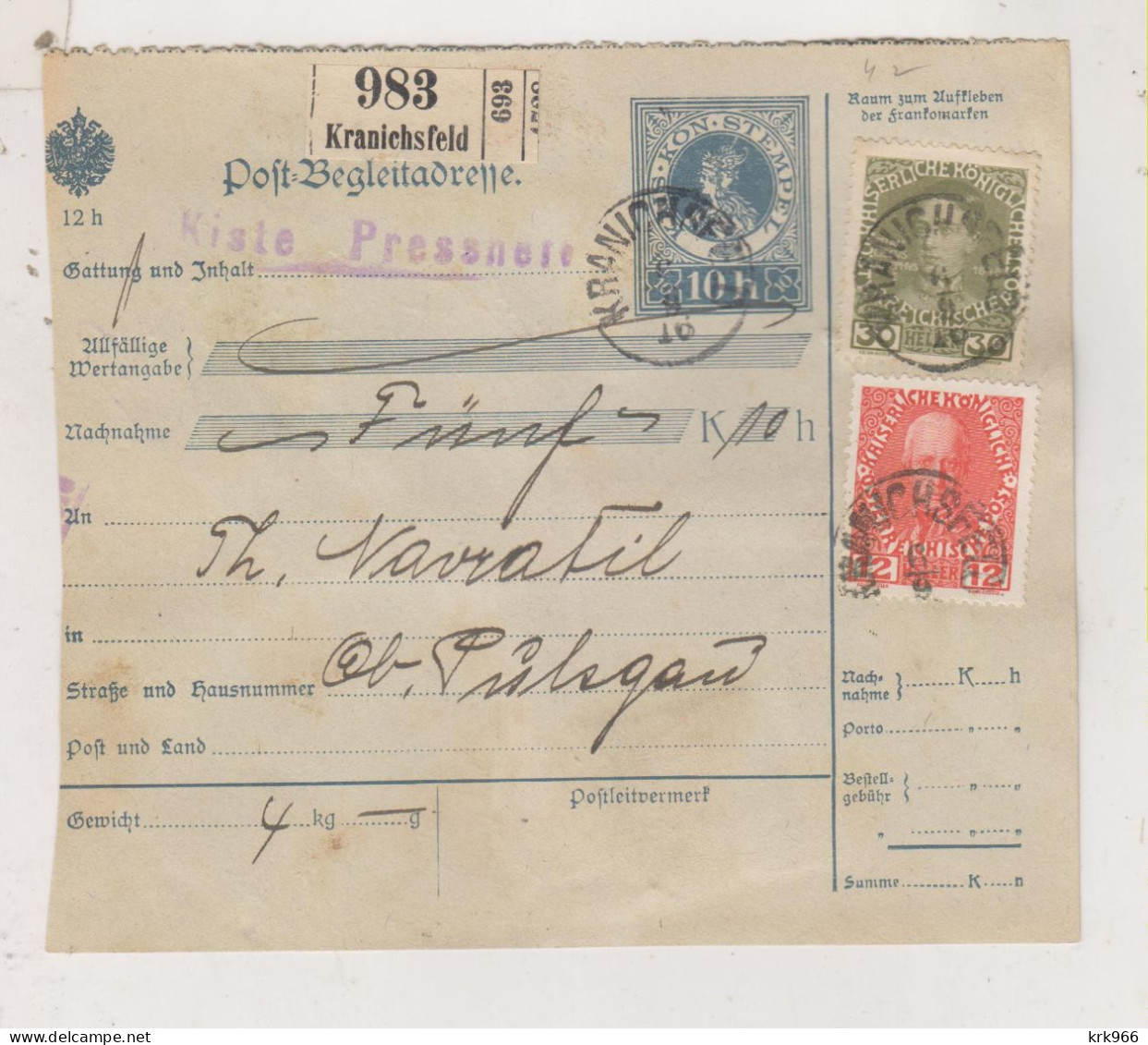 SLOVENIA,Austria 1916 KRANICHSFELD RACE Parcel Card To OBER PULSGAU ZGORNJA POLSKAVA Postage Due - Slowenien