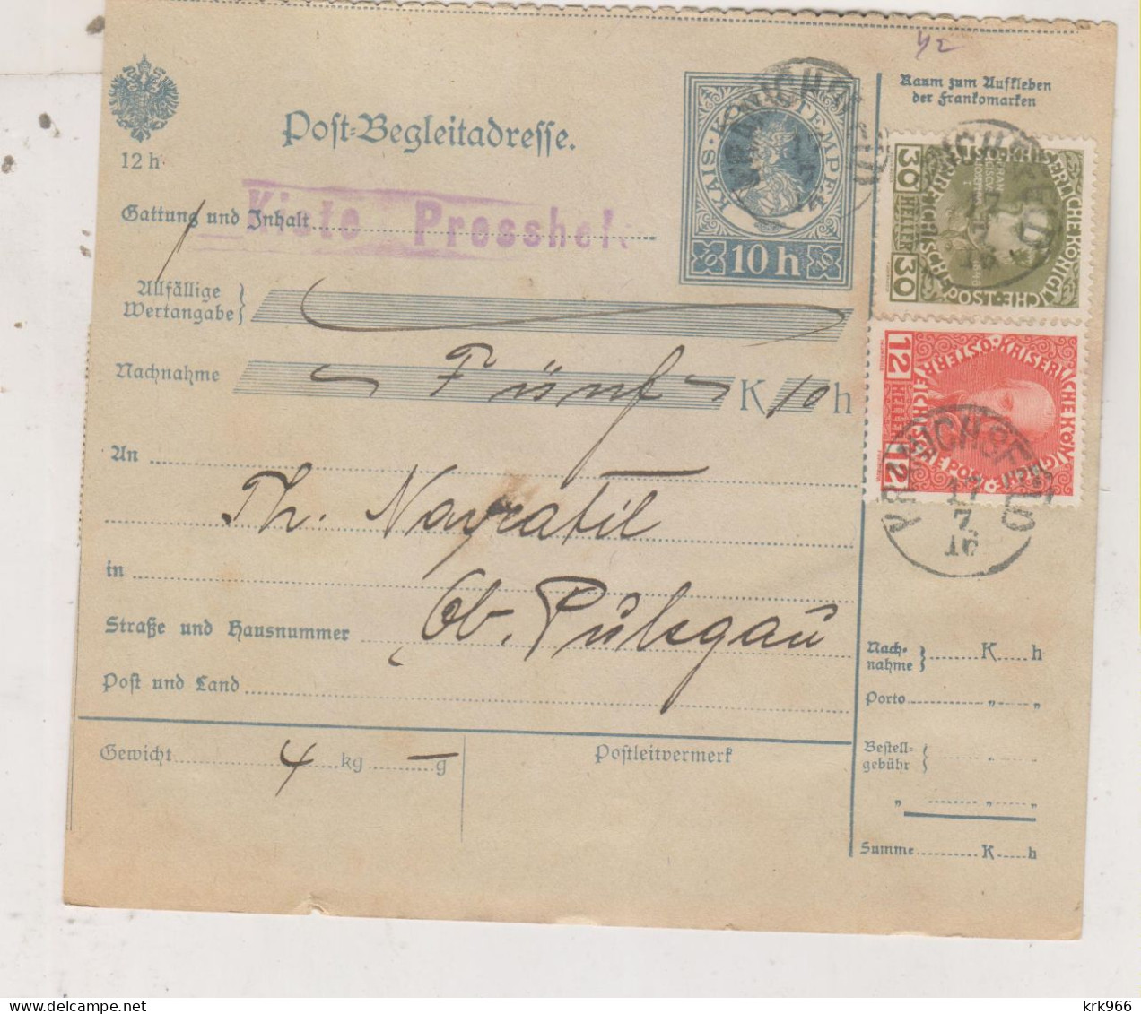 SLOVENIA,Austria 1916 KRANICHSFELD RACE Parcel Card To OBER PULSGAU ZGORNJA POLSKAVA Postage Due - Slowenien