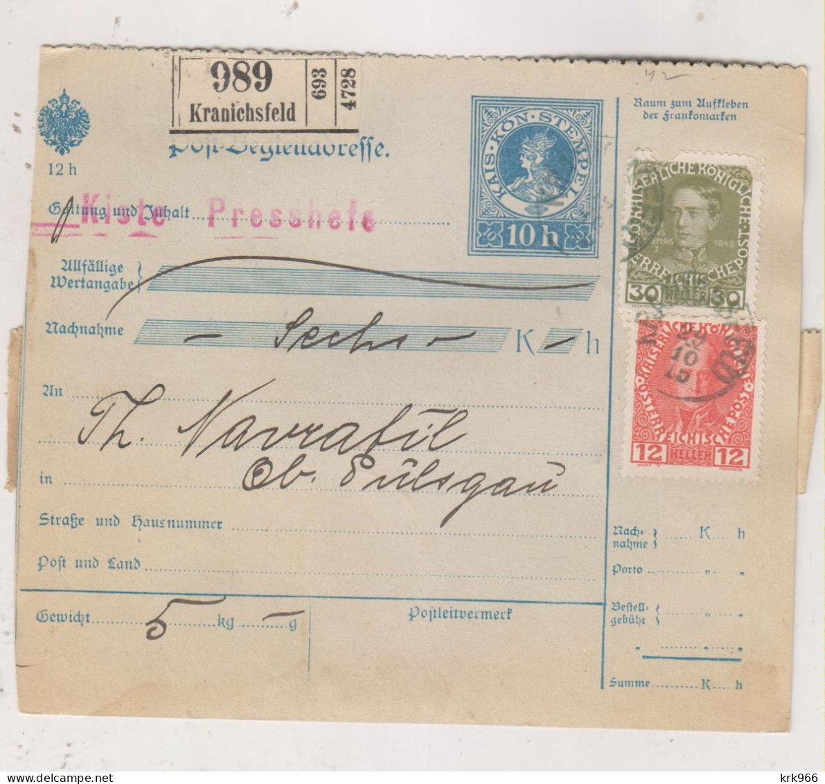 SLOVENIA,Austria 1915 KRANICHSFELD RACE Parcel Card To OBER PULSGAU ZGORNJA POLSKAVA - Slowenien