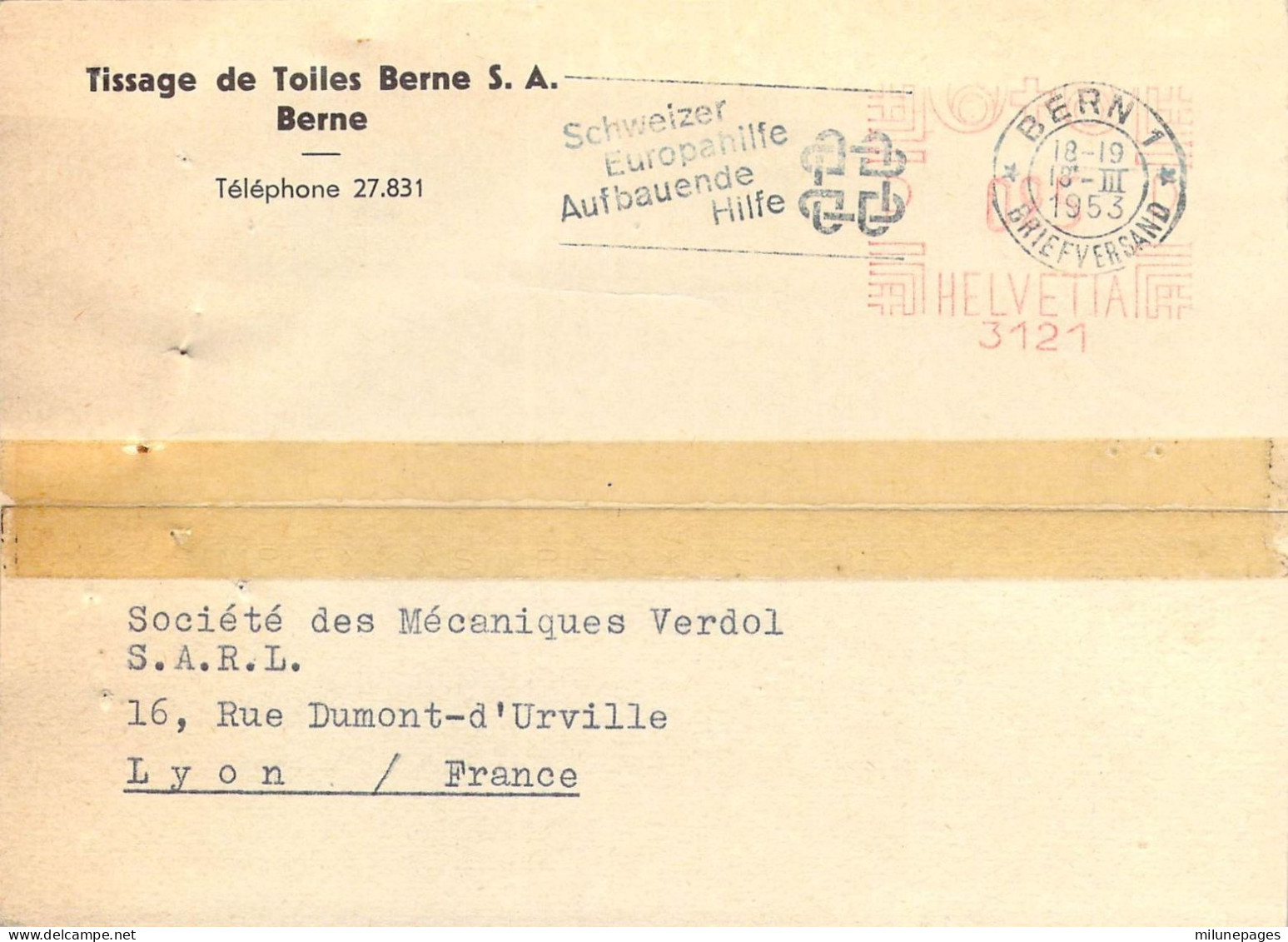 Suisse EMA Rouge 25c.+ Bern 1 Flamme à Texte Sur Carte Lettre Du Tissage De Toiles De Berne S.A. En 1953 - Affrancature Meccaniche