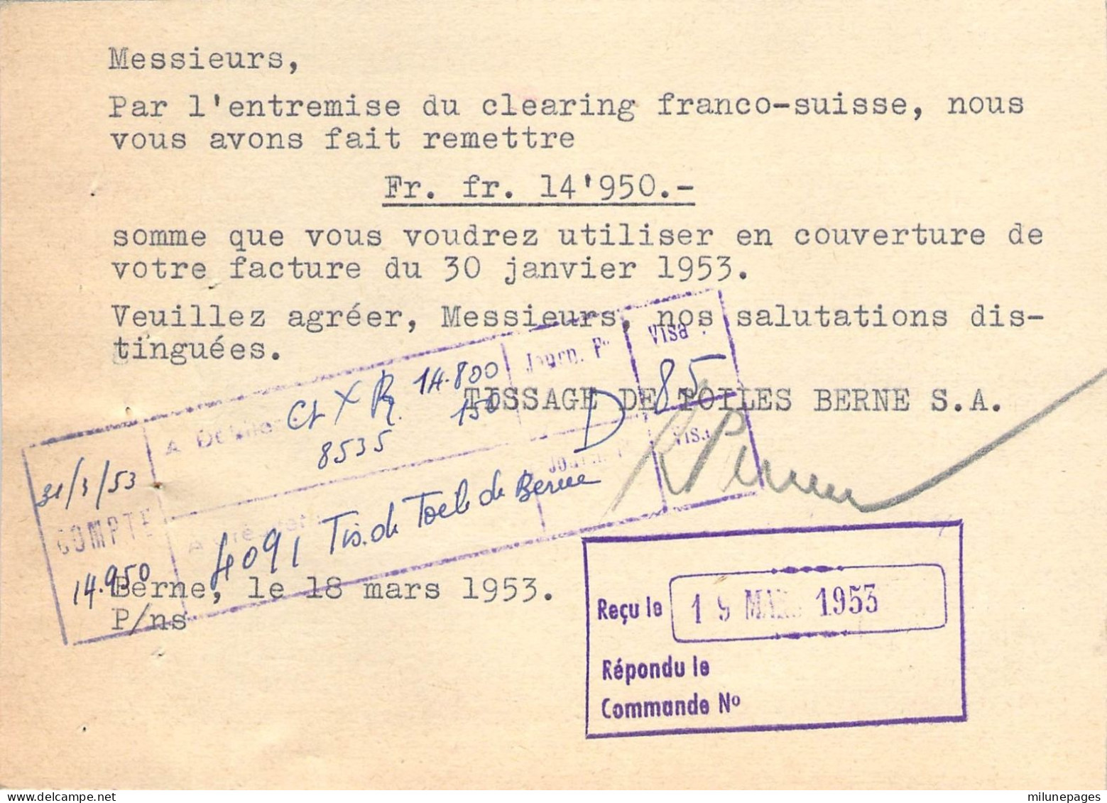 Suisse EMA Rouge 25c.+ Bern 1 Flamme à Texte Sur Carte Lettre Du Tissage De Toiles De Berne S.A. En 1953 - Postage Meters